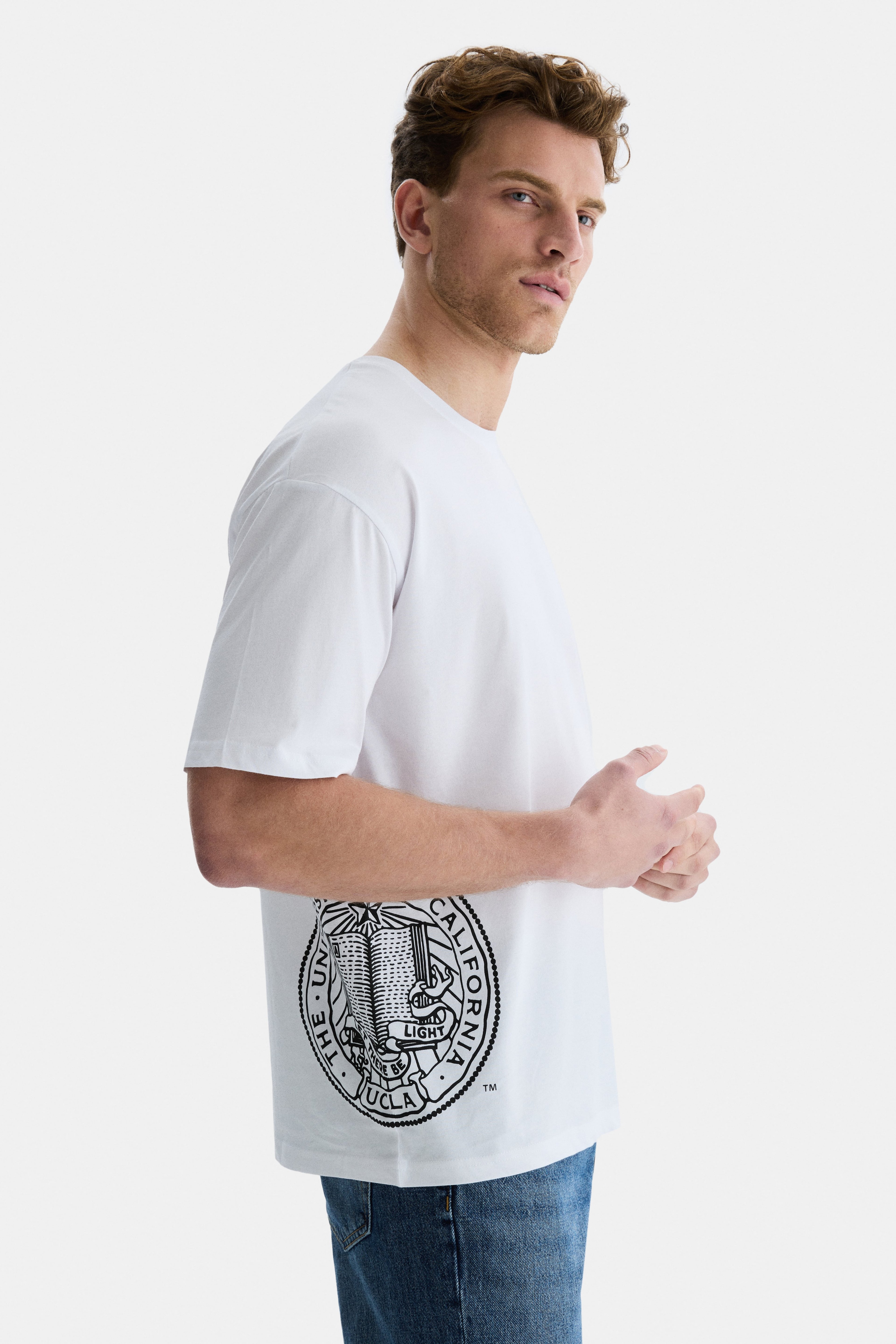 IGNISO Beyaz Bisiklet Yaka Baskılı Oversize Erkek Tshirt