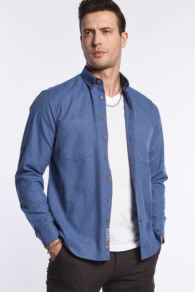 MENDO Mavi Nakışlı Standard Fit Erkek Gömlek