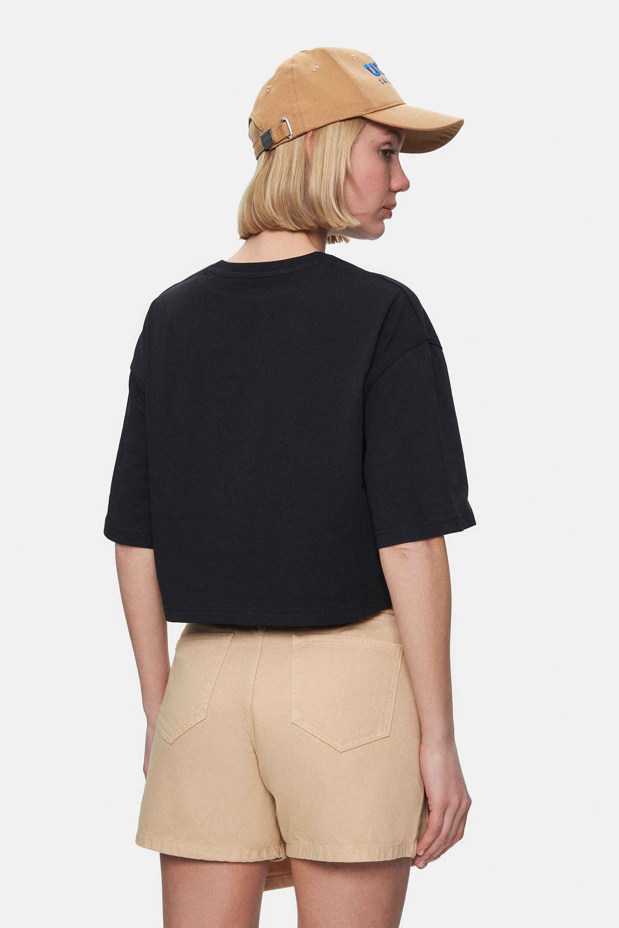 CARLY Siyah Bisiklet Yaka Crop Baskılı Loose Fit Kadın Tshirt