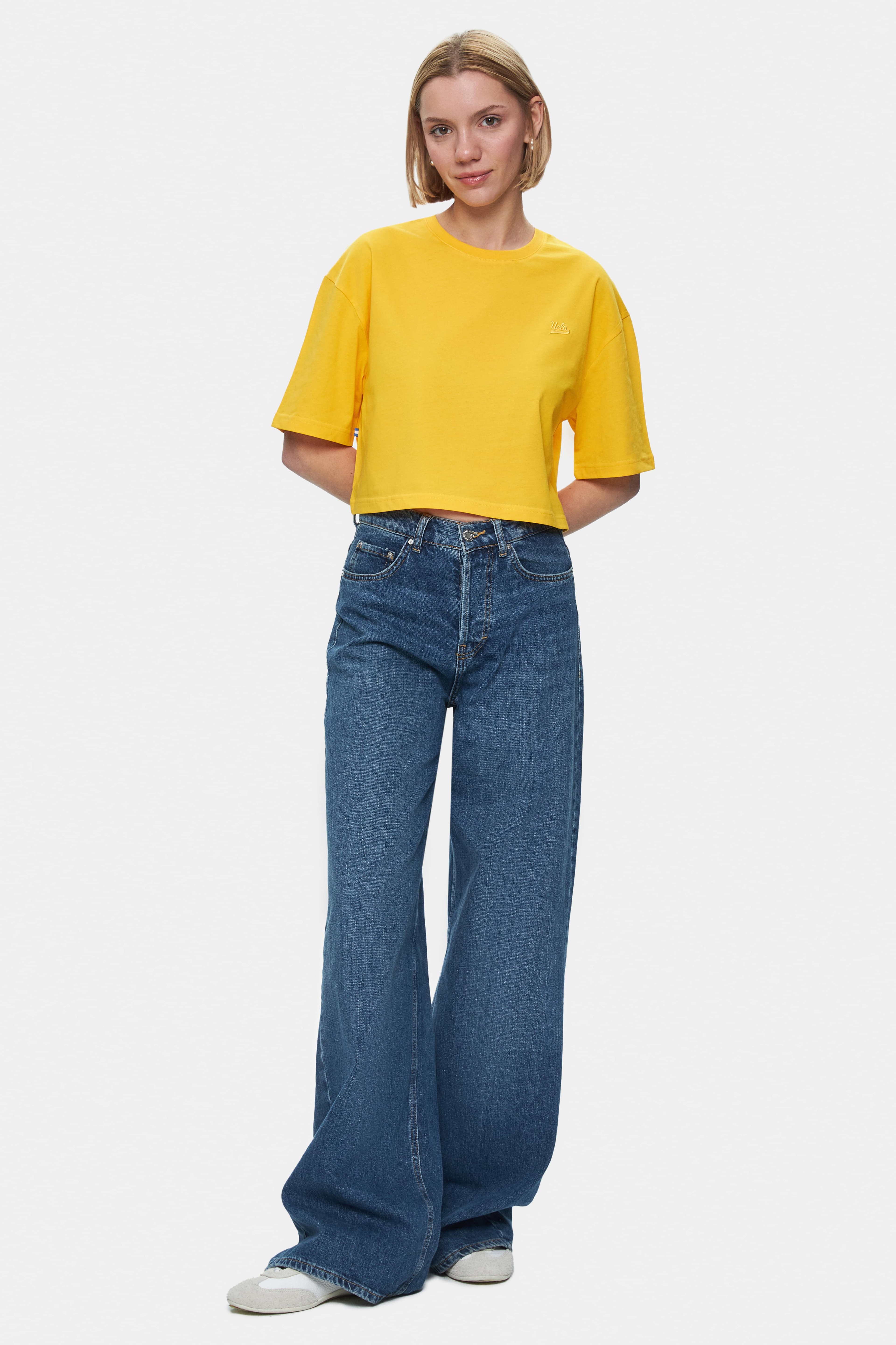 INDIANA Sarı Bisiklet Yaka Crop Baskılı Loose Fit Kadın Tshirt