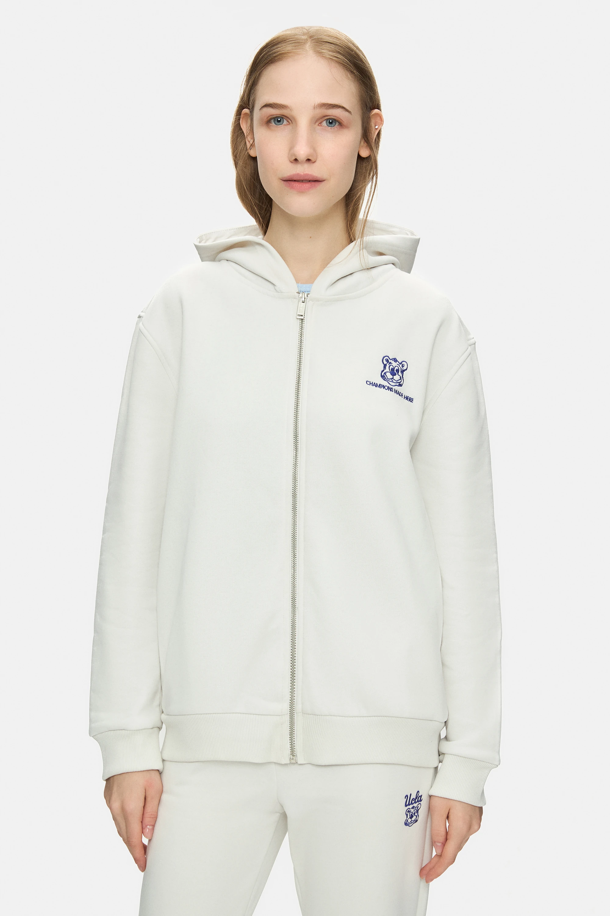 ESTHER Kemik Rengi Fermuarlı ve Cepli Şardonlu Nakışlı Loose Fit Kadın Sweatshirt