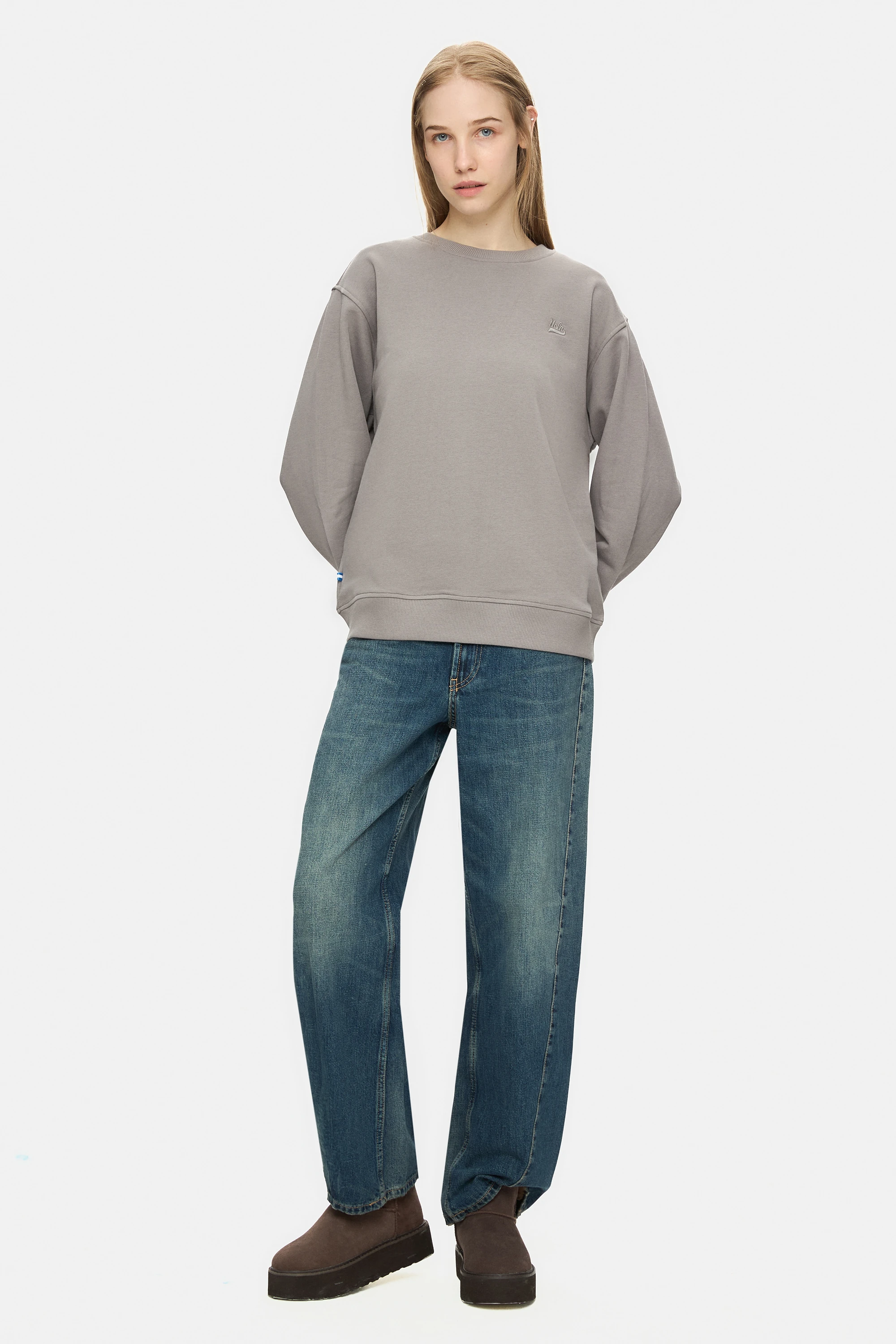 SUNNIVA Grafit Bisiklet Yaka Nakışlı Loose Fit Kadın Sweatshirt