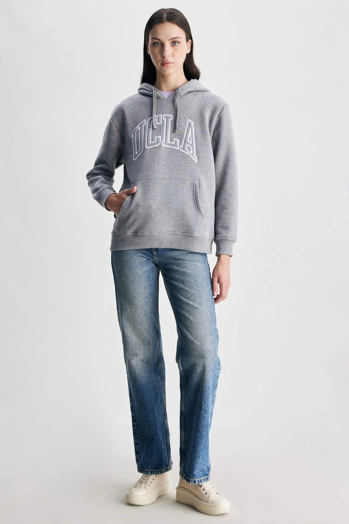 RILEY Gri Kapüşonlu Nakışlı Şardonlu Standard Fit Kadın Sweatshirt