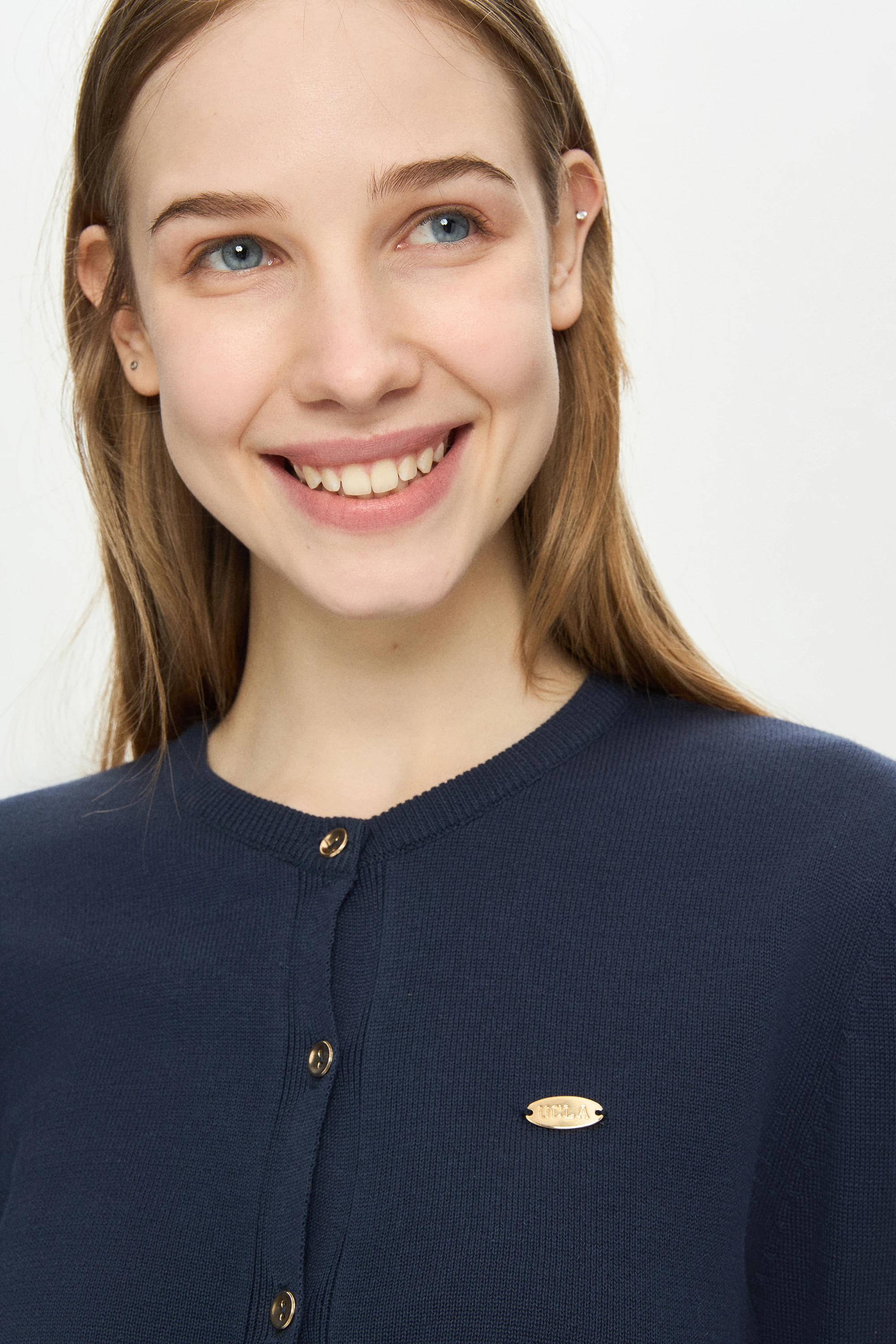 NOVA Lacivert Bisiklet Yaka Metal Logololu Standard Fit Kadın Hırka