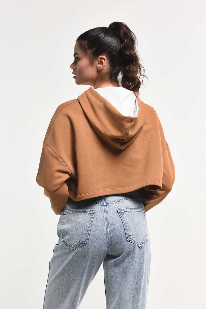 SAUSA Kahve Kapüşonlu Baskılı Oversize Kadın Sweatshirt