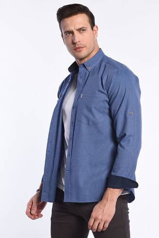 MENDO Mavi Nakışlı Nakışlı Standard Fit Erkek Gömlek