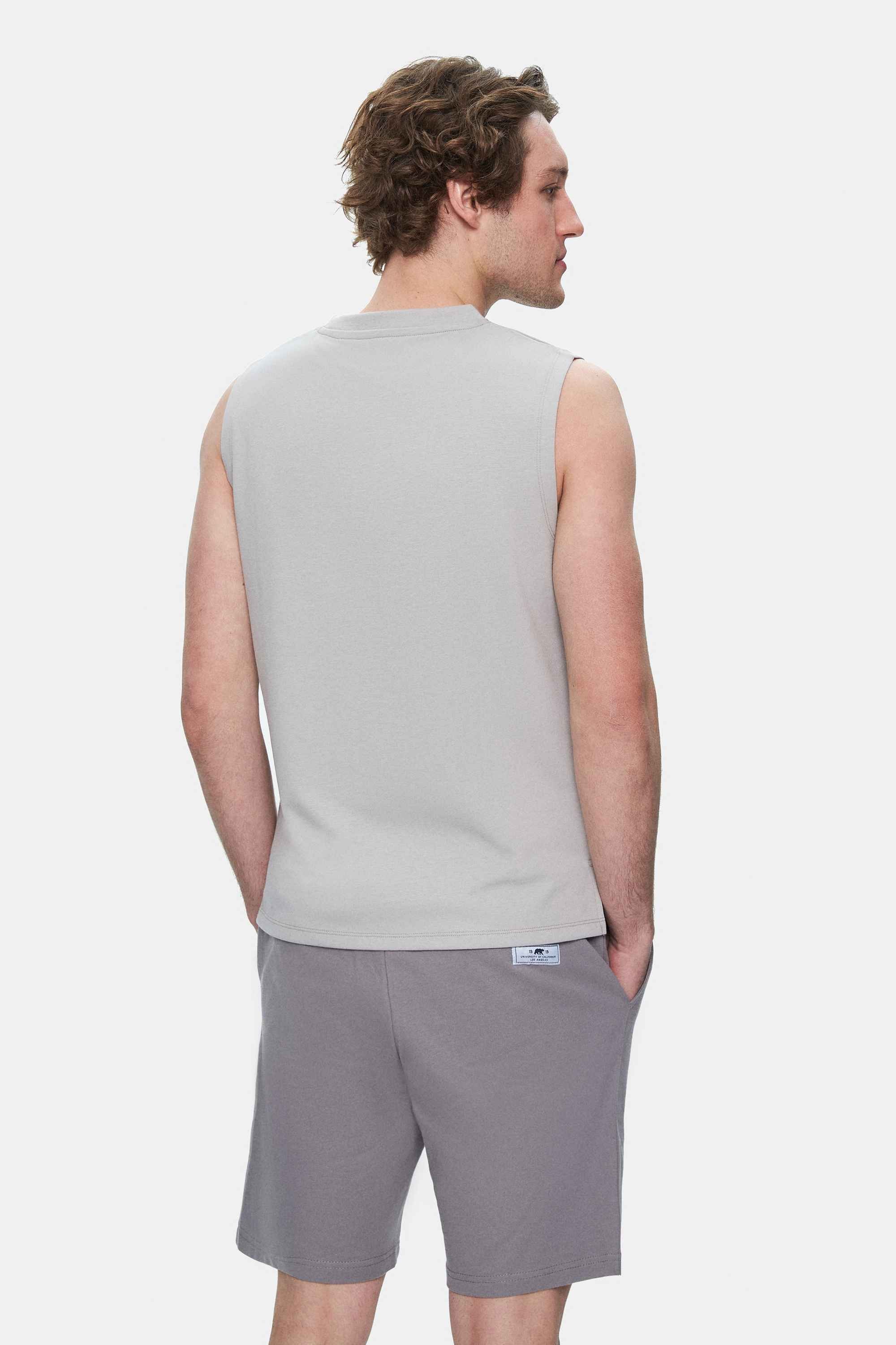 BODHI Açık Gri Bisiklet Yaka Sıfır Kol Baskılı Modal Kumaş Oversize Erkek Tshirt