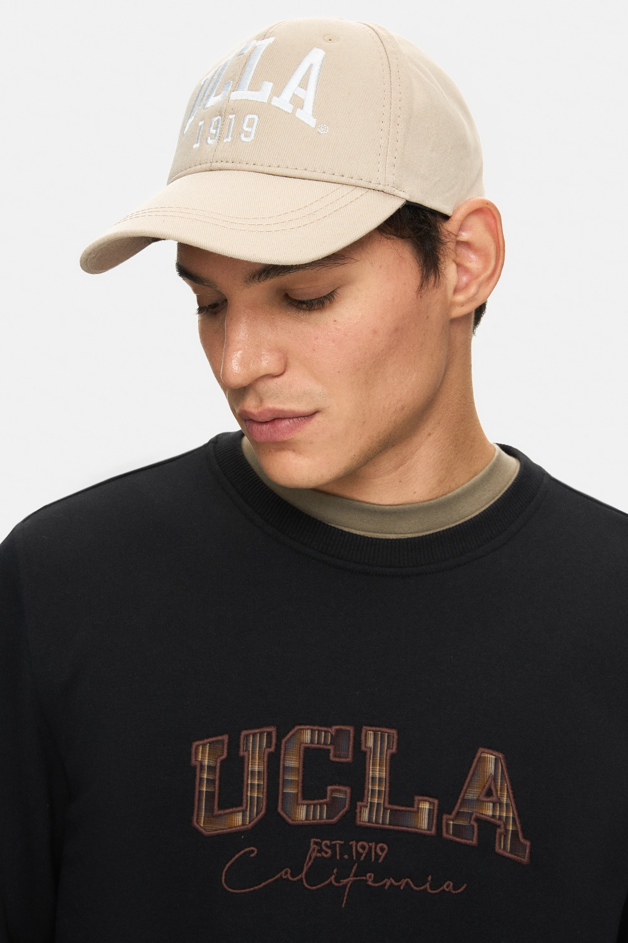 MATTY Siyah Bisiklet Yaka Ekose Nakışlı Loose Fit Erkek Sweatshirt