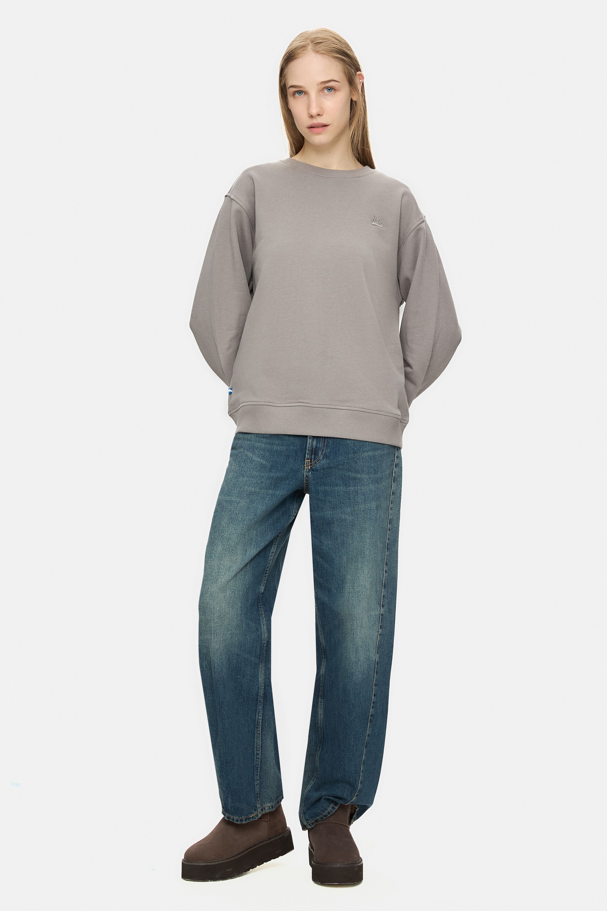 SUNNIVA Koyu Gri Bisiklet Yaka Nakışlı Loose Fit Kadın Sweatshirt