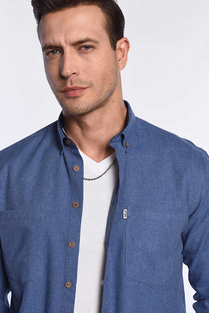 MENDO Mavi Nakışlı Nakışlı Standard Fit Erkek Gömlek