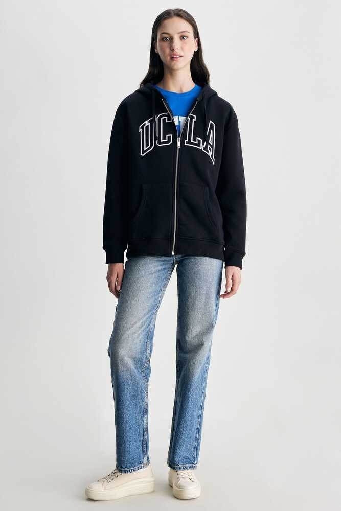 JOYCE Siyah Kapüşonlu Ve Fermuarlı Aplikeli Şardonlu Standard Fit Kadın Sweatshirt