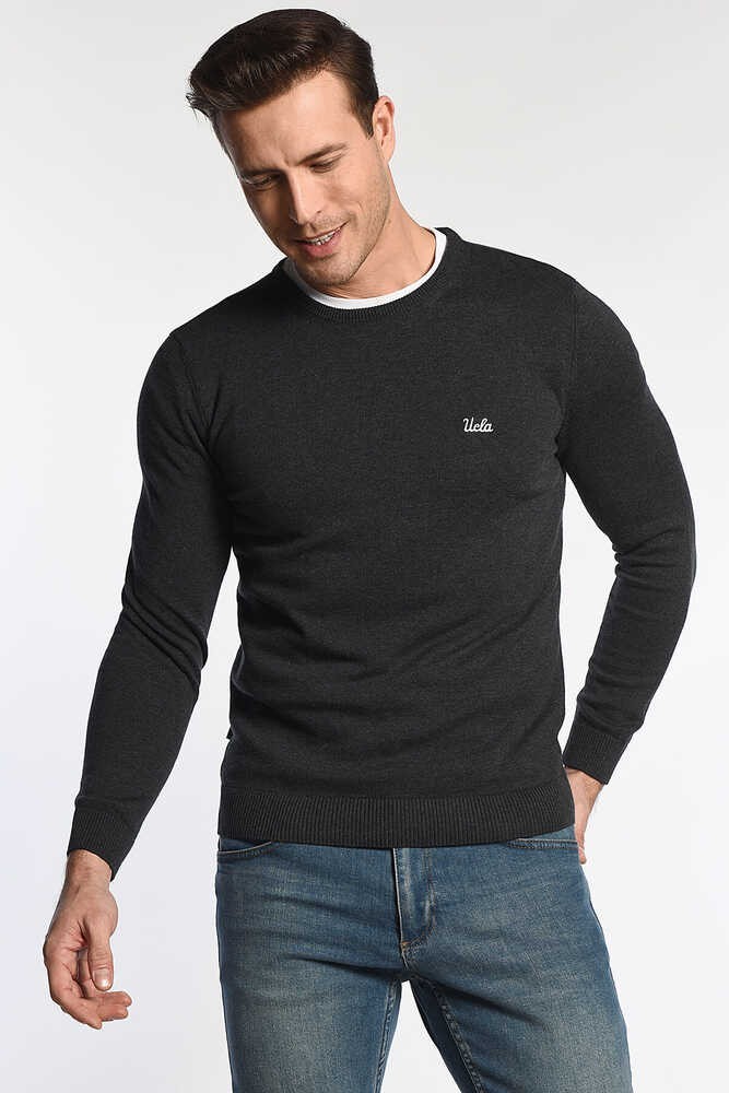 MENTO Koyu Gri Bisiklet Yaka Nakışlı Slim Fit Erkek Triko