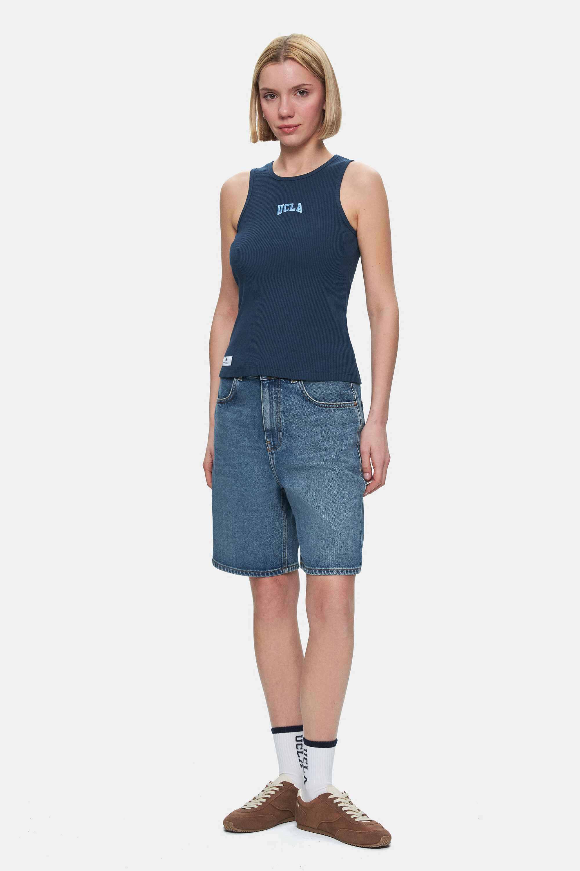 SALINAS Lacivert Sıfır Kol Nakışlı Standard Fit Kadın Tshirt