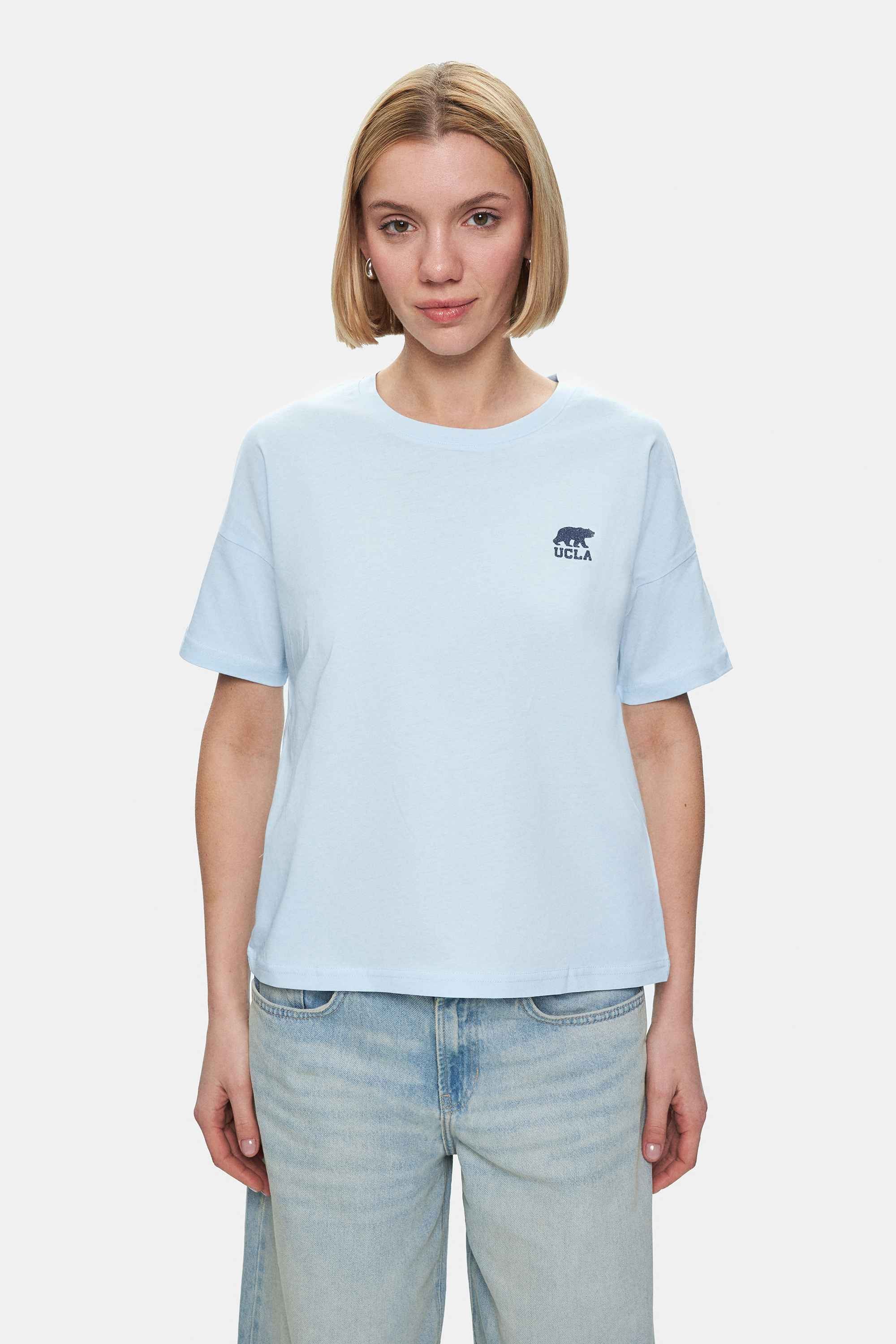 KENZIE Gök Mavi Bisiklet Yaka Baskılı Loose Fit Kadın Tshirt