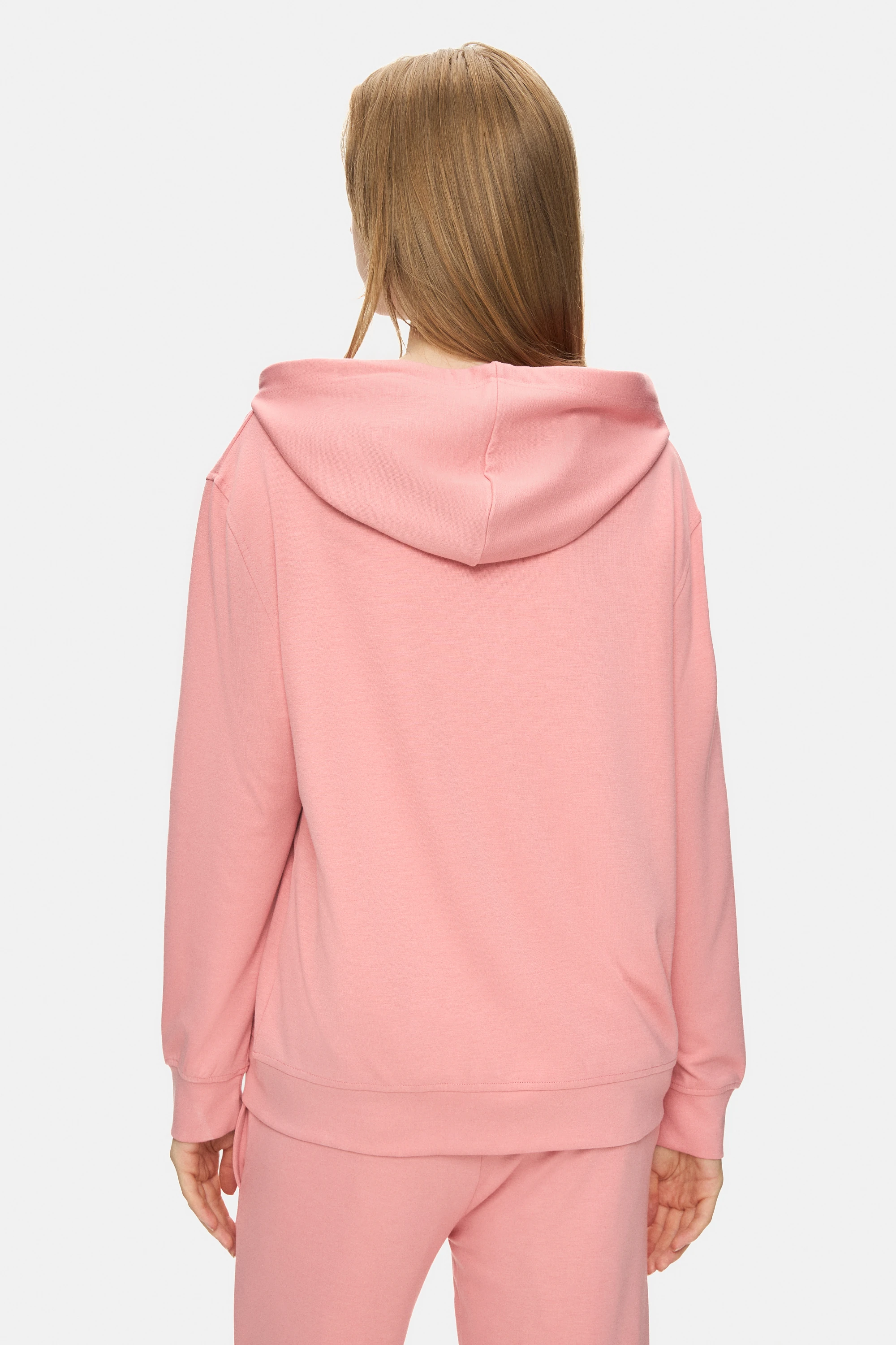 ALLURA Pembe Kapüşonlu Gofre Baskılı Modal Kumaş Loose Fit Kadın Sweatshirt