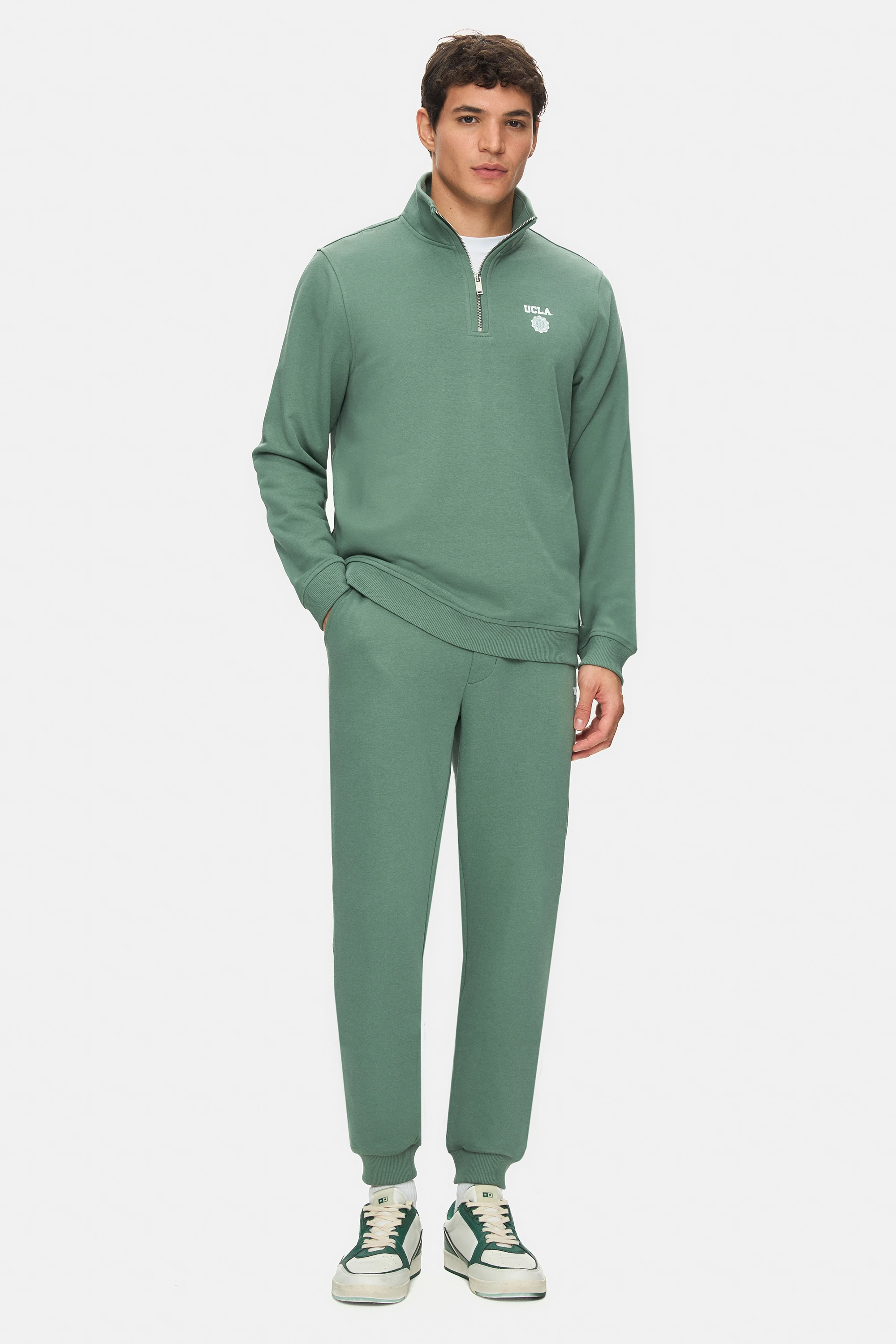 LEON Adaçayı Yeşili Yarım Fermuar Baskılı Standard Fit Erkek Sweatshirt