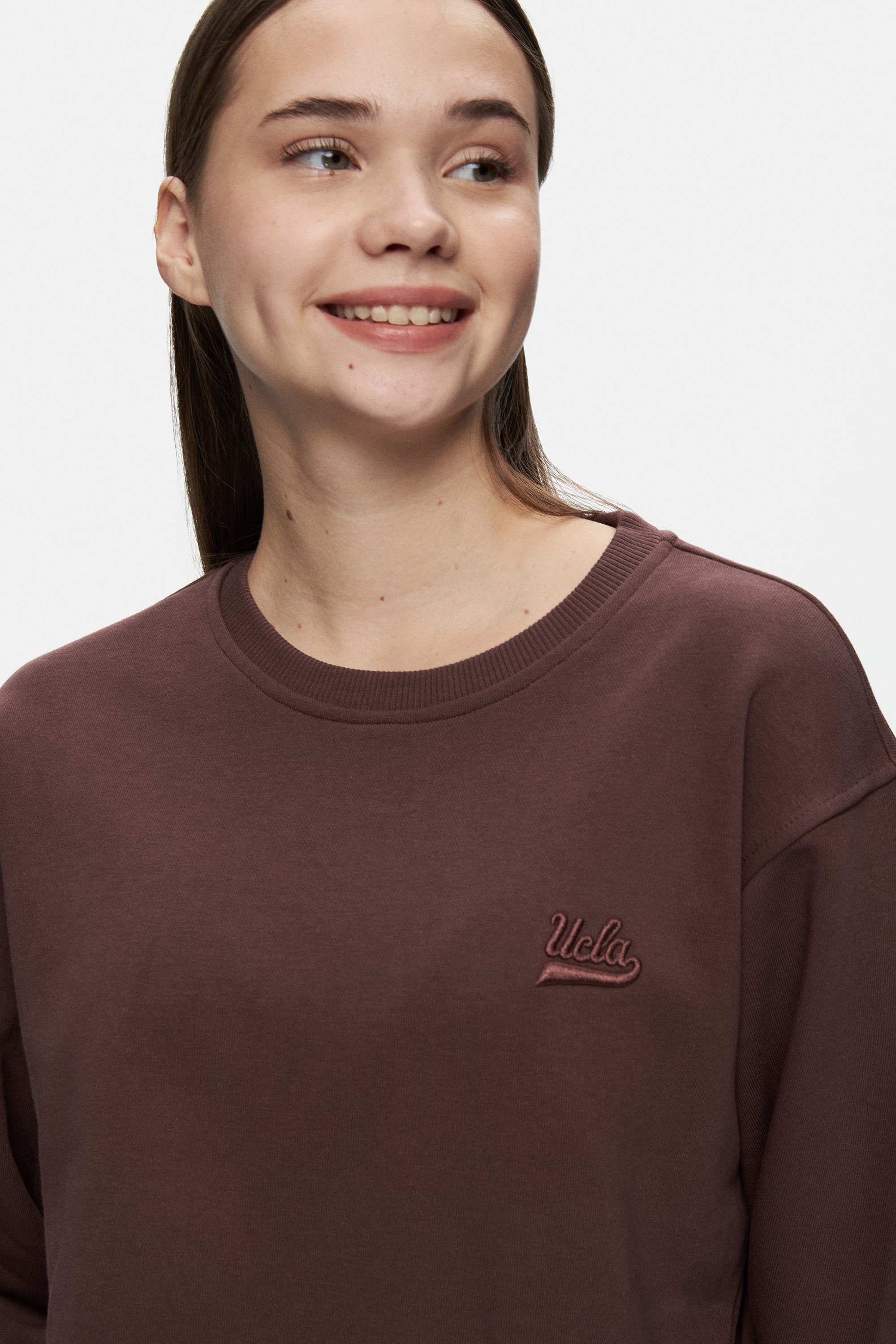 SUNNIVA Kahve Bisiklet Yaka Nakışlı Loose Fit Kadın Sweatshirt