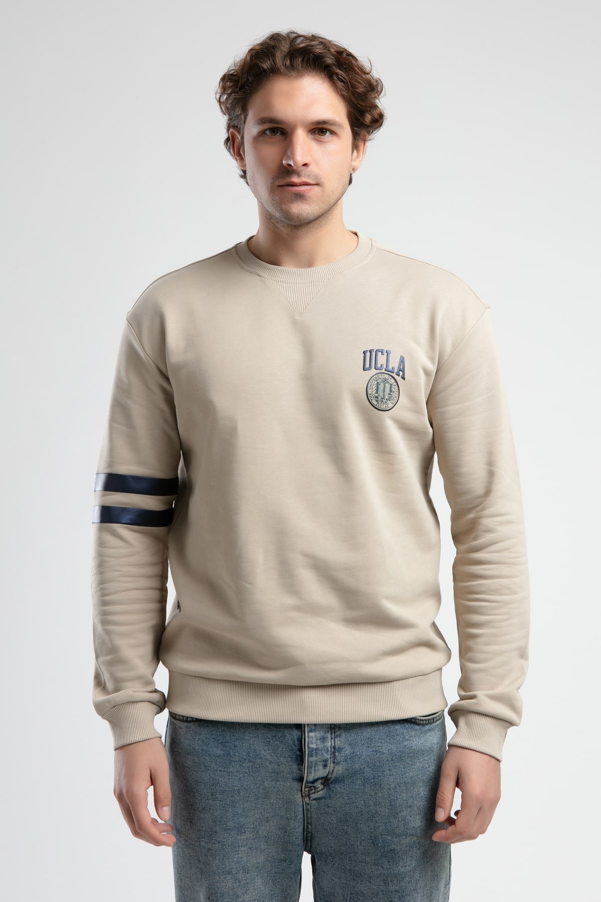 YOUNT Koyu Bej Bisiklet Yaka Baskılı Oversize  Erkek Sweatshirt