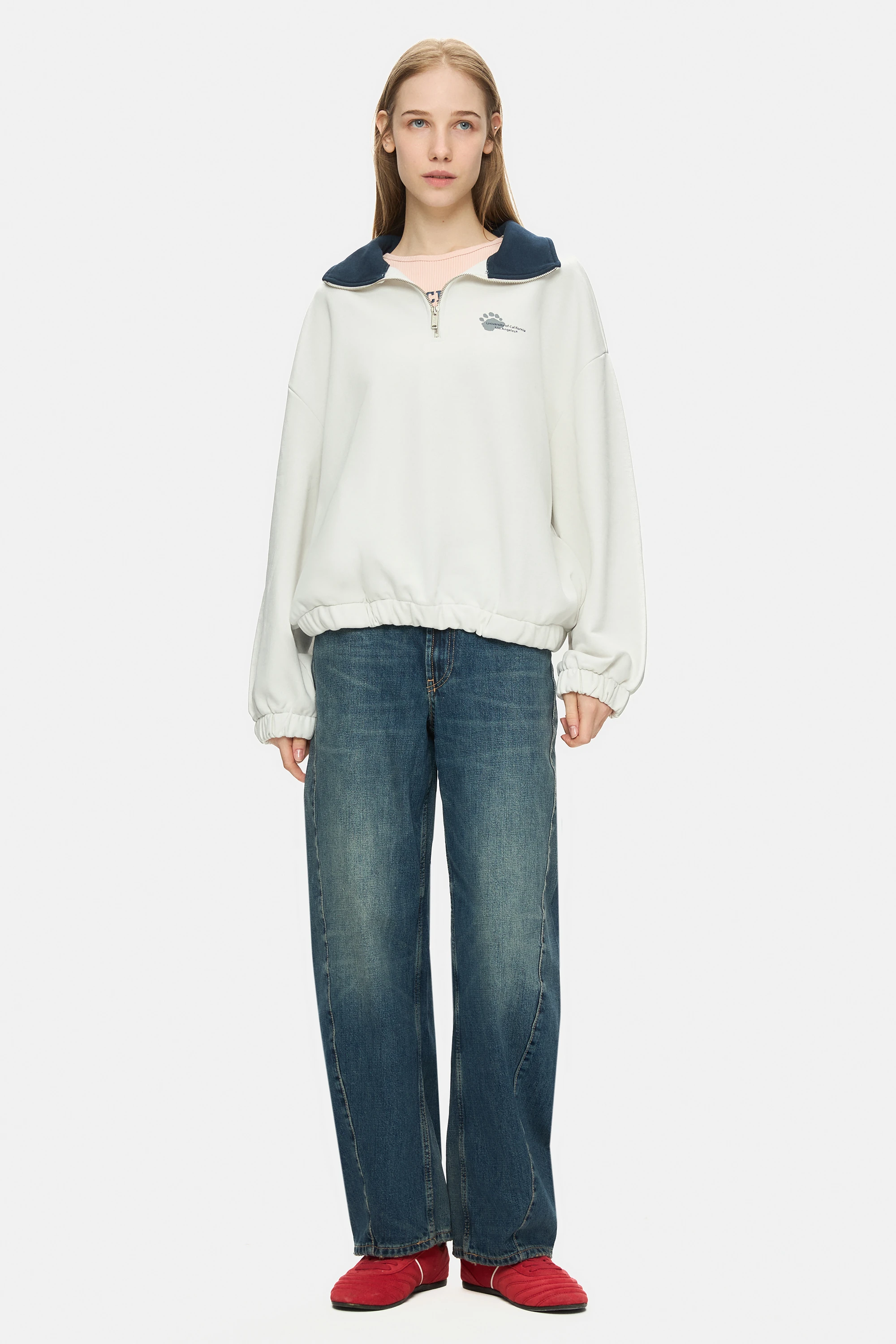 YOKO Kemik Rengi Fermuarlı Baskılı Oversize Fit Kadın Sweatshirt