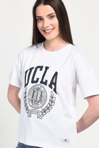 AVALON Beyaz Bisiklet Yaka Baskılı Oversize Kadın Tshirt