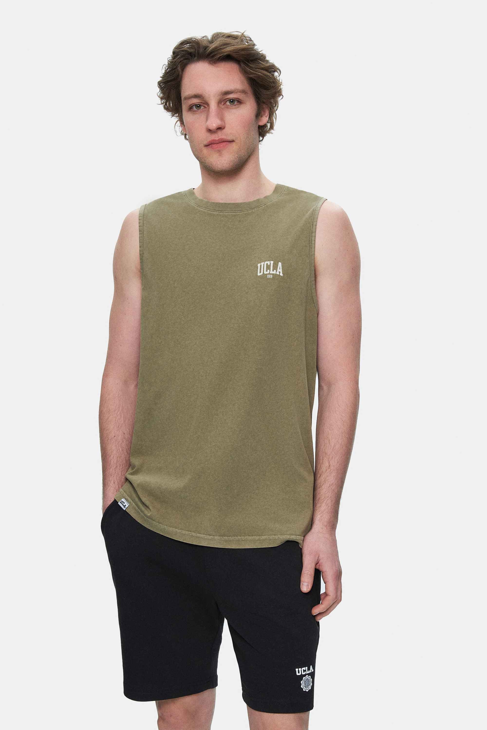 ELTON Koyu Haki Bisiklet Yaka Sıfır Kol Yıkamalı Baskılı Oversize Erkek Tshirt