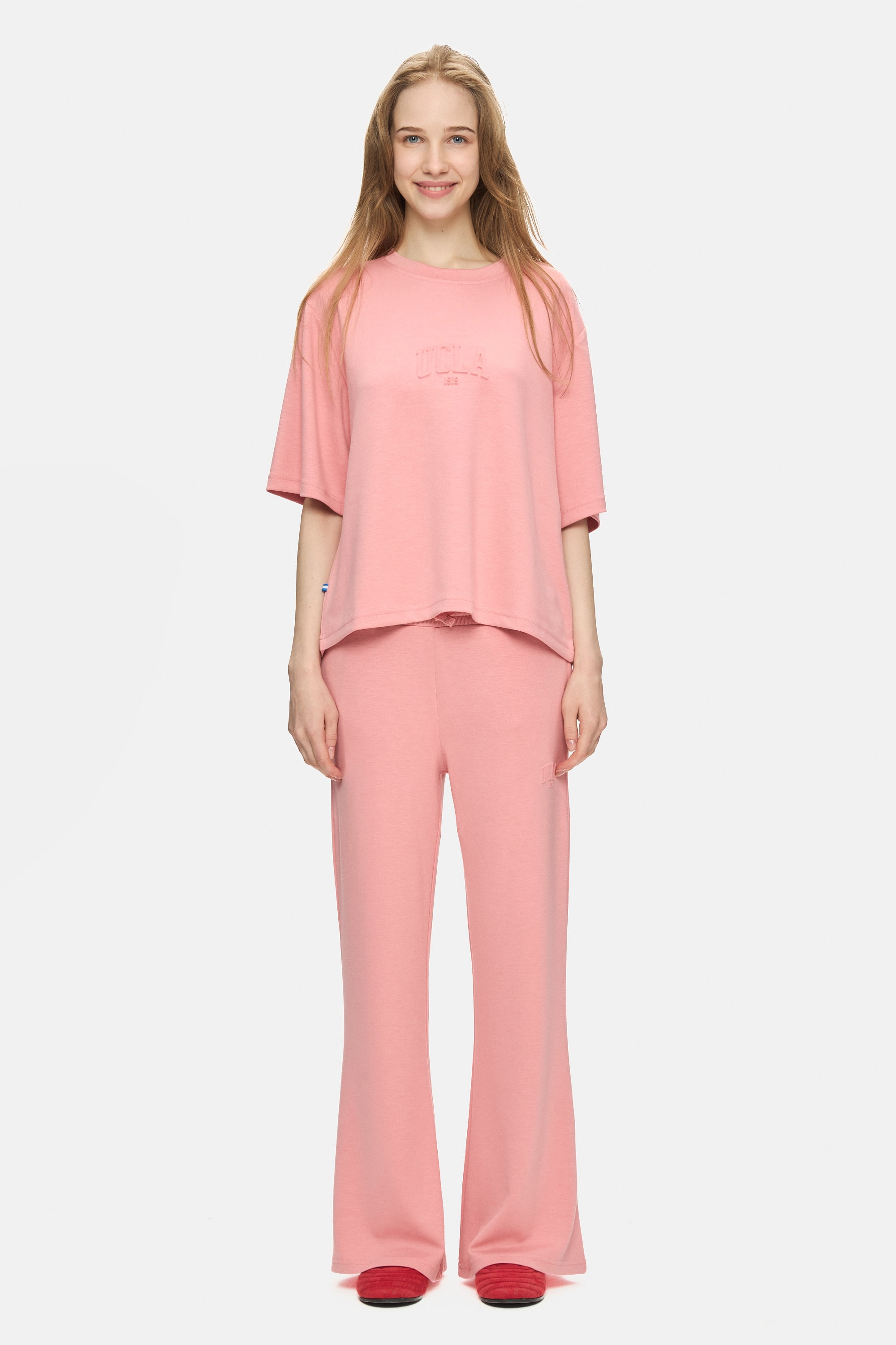 URANIA Pembe İspanyol Paça Gofre Baskı Loose Fit Kadın Eşofman Alt