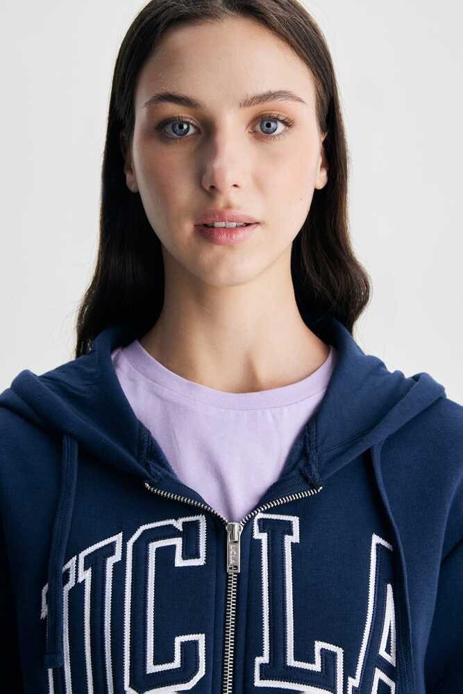 JOYCE Lacivert Kapüşonlu Ve Fermuarlı Aplikeli Şardonlu Standard Fit Kadın Sweatshirt