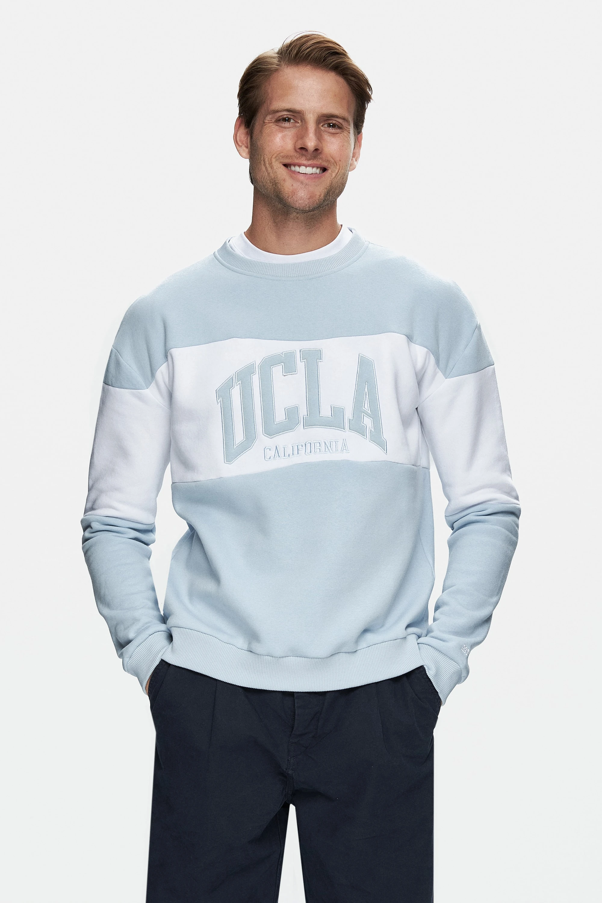 ARCHER Mavi Bisiklet Yaka Nakışlı Şardonlu Loose Fit Erkek Sweatshirt