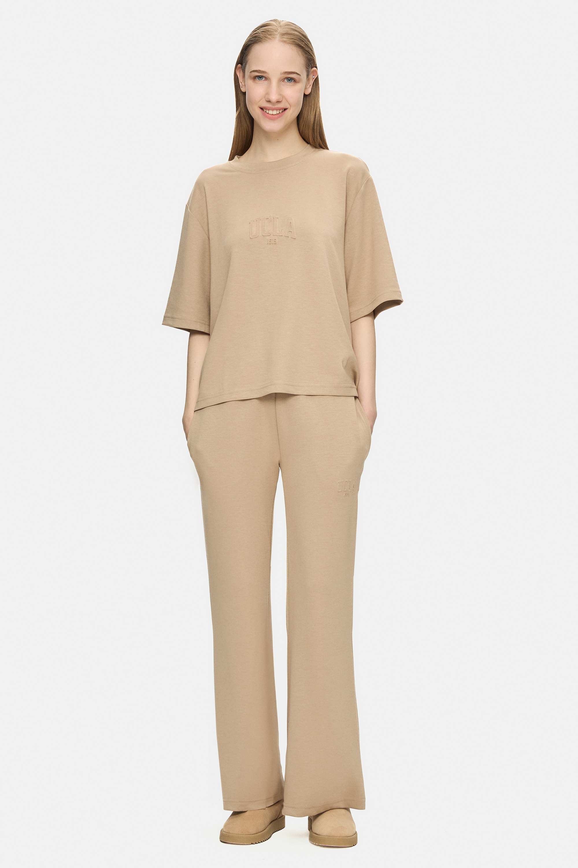 JAYLA Koyu Bej Bisiklet Yaka Gofre Baskı Loose Fit Kadın Tshirt