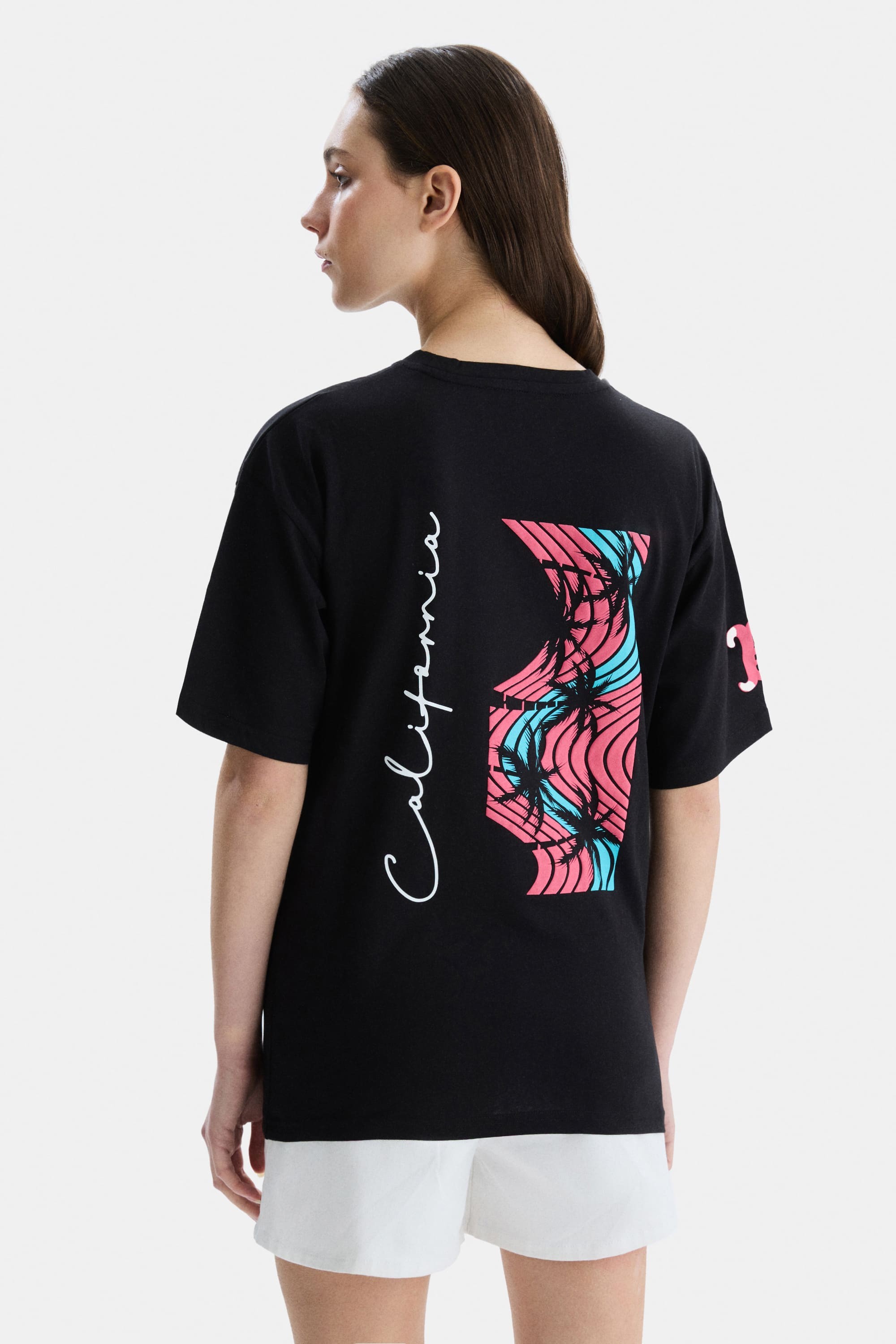PARADISO Siyah Bisiklet Yaka baskılı Oversize Kadın Tshirt