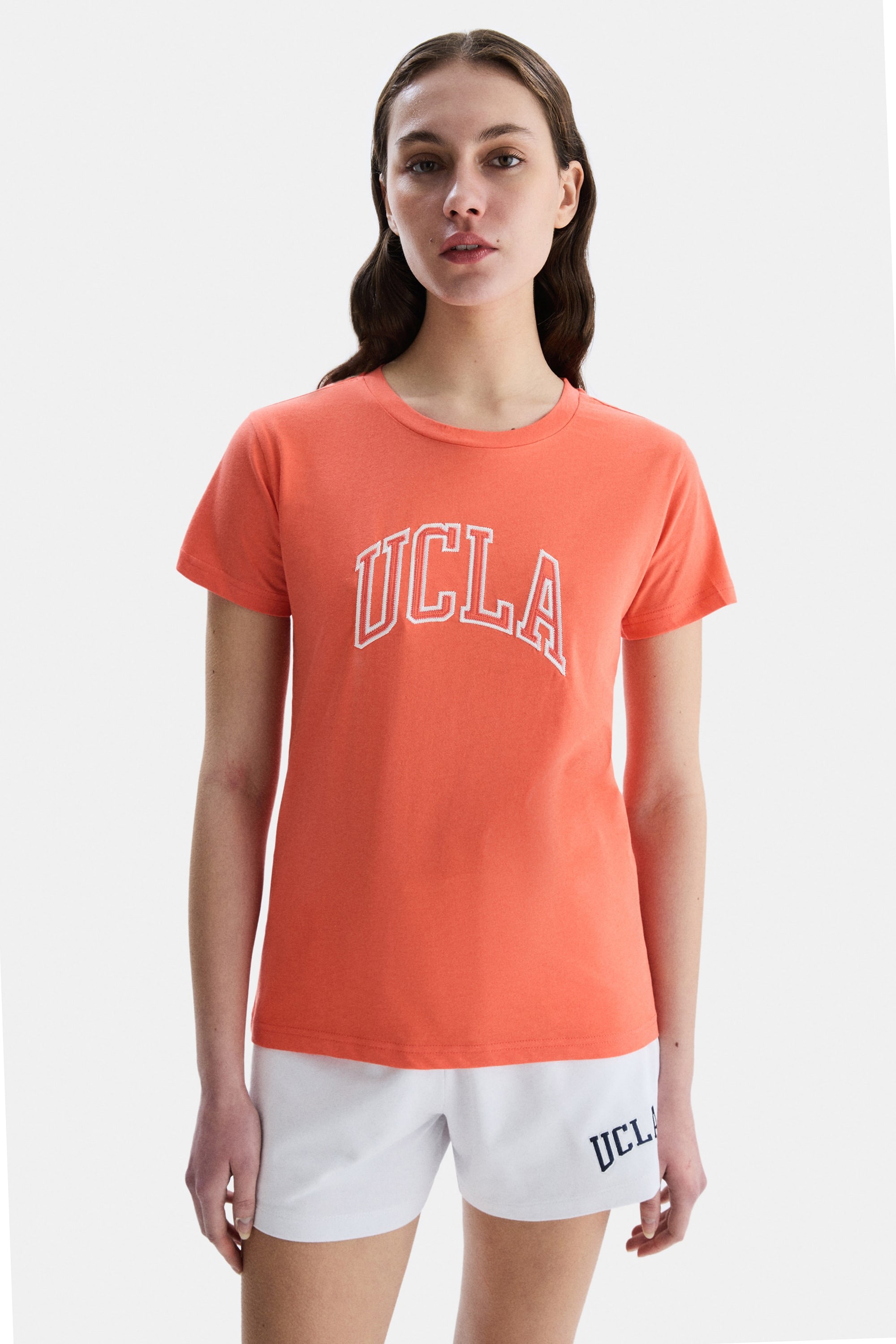 ANGELA Pembe Bisiklet Yaka Nakışlı Standard Fit Kadın Tshirt