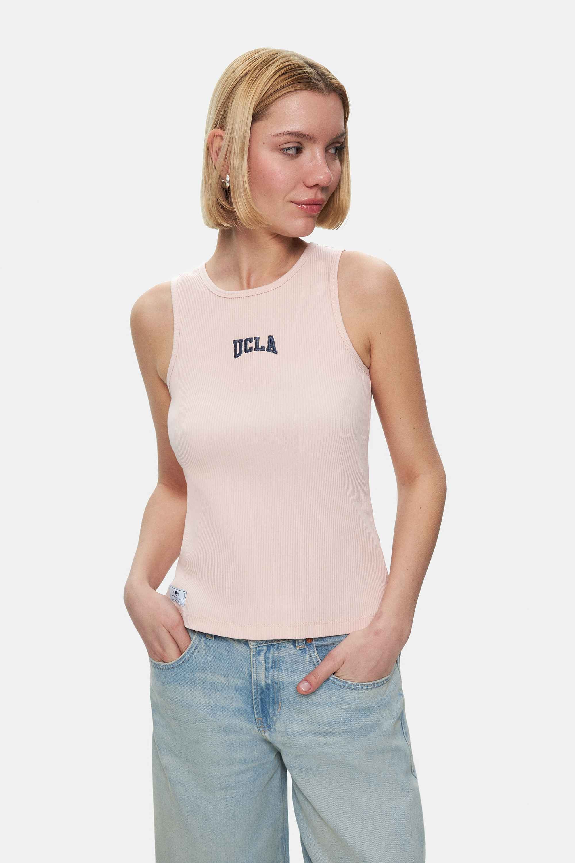 SALINAS Toz Pembe Sıfır Kol Nakışlı Standard Fit Kadın Tshirt