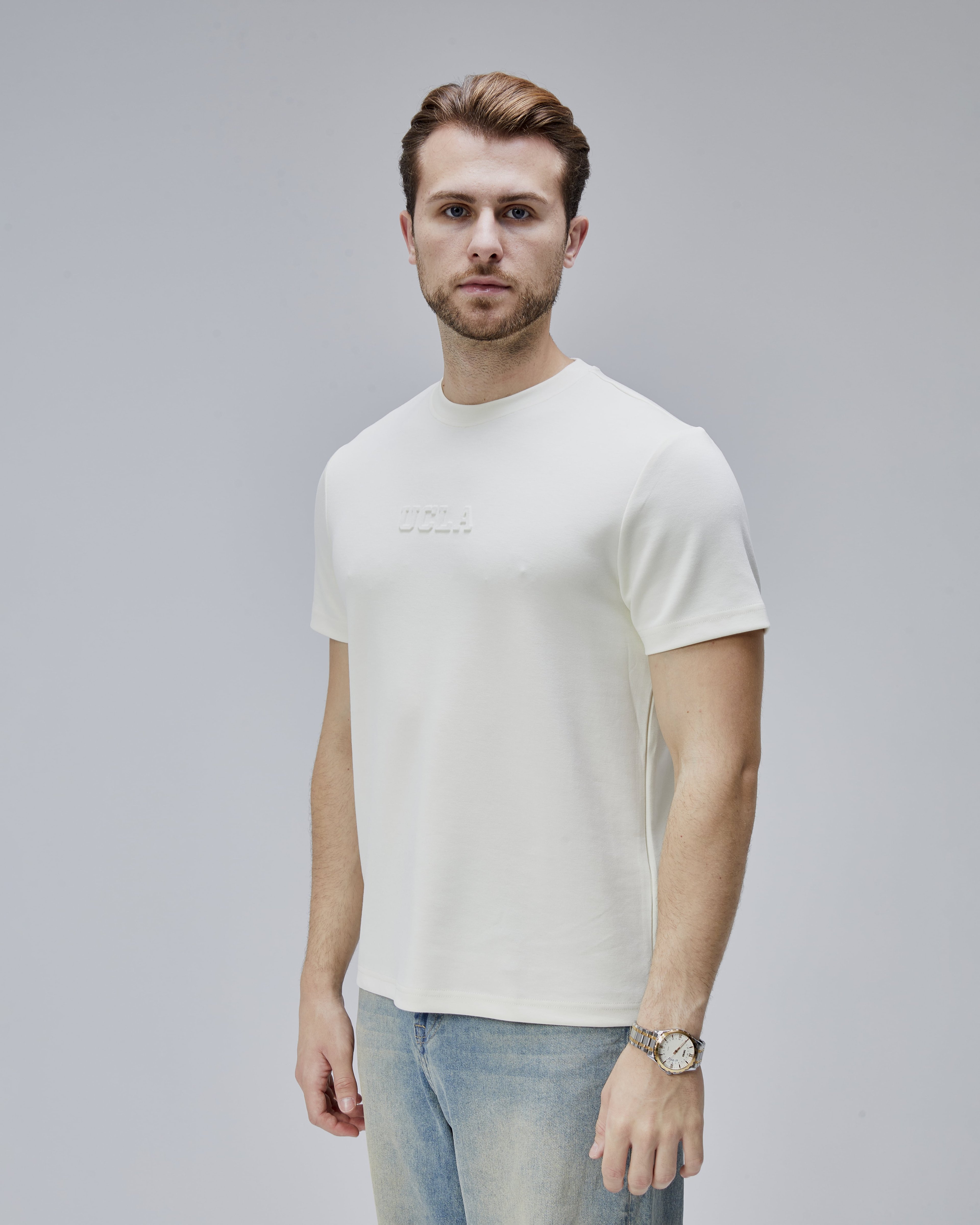 CANARY Kemik Rengi Bisiklet Yaka Gofre Baskılı Modal Kumaş Standard Fit Erkek Tshirt