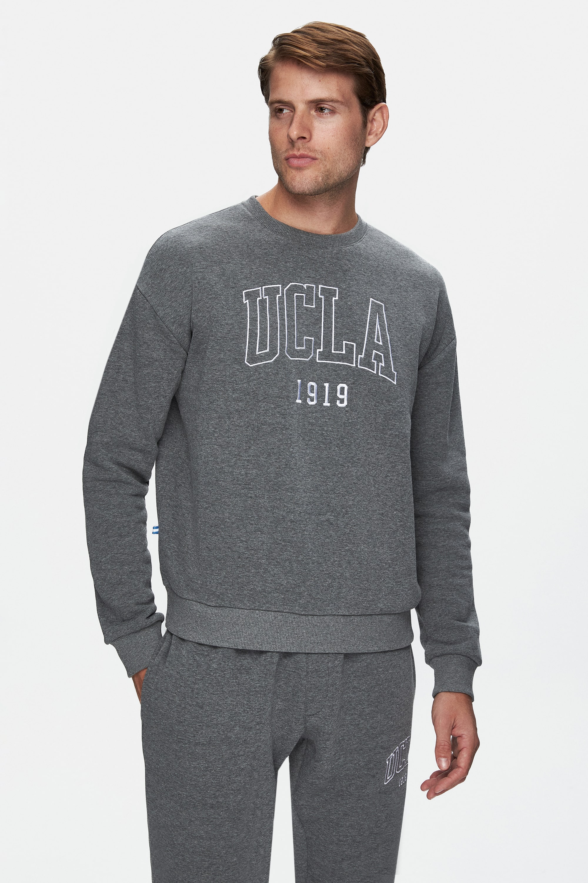 SANDHILL Koyu Gri Bisiklet Yaka Nakışlı Şardonlu Loose Fit Erkek Sweatshirt