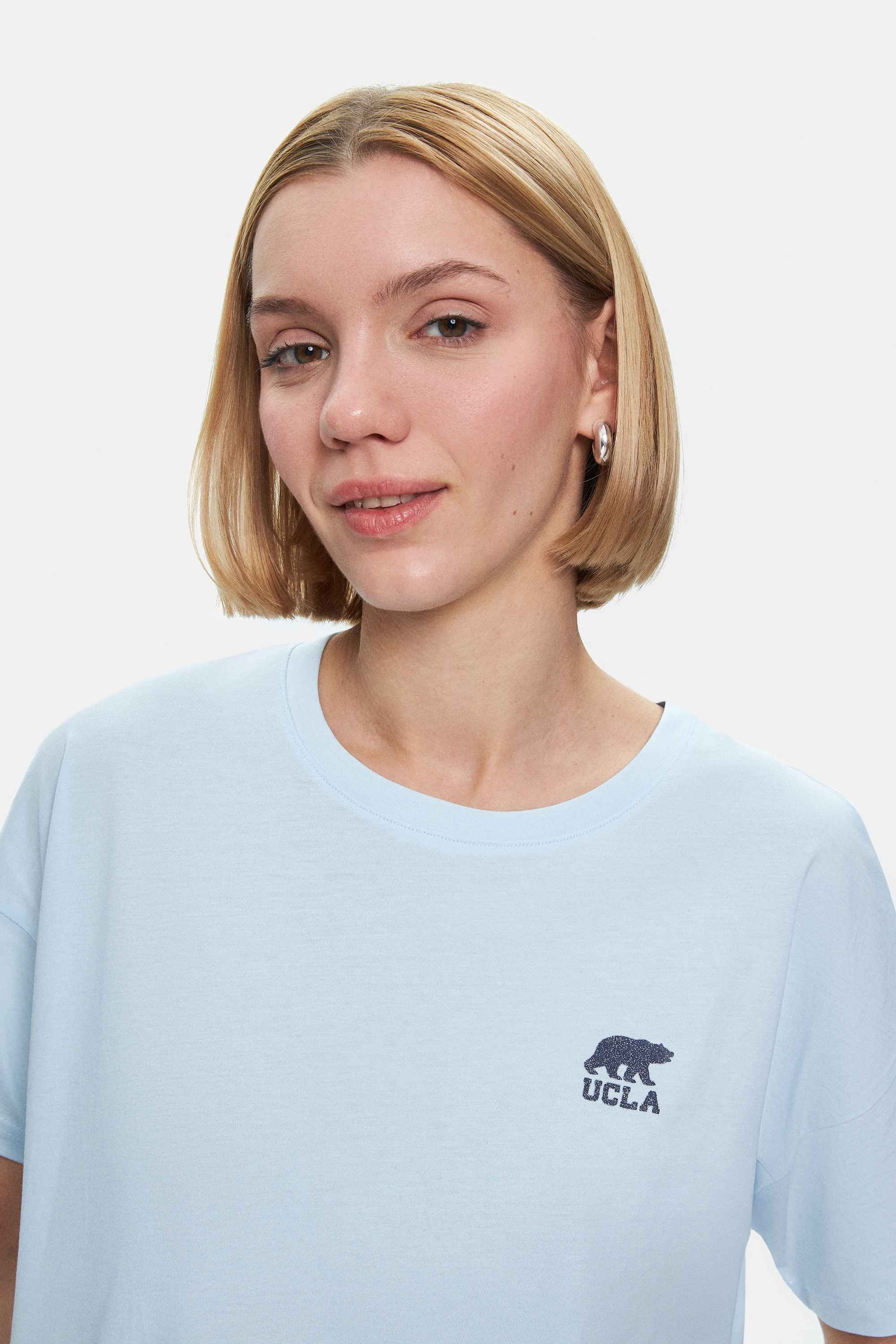 KENZIE Gök Mavi Bisiklet Yaka Baskılı Loose Fit Kadın Tshirt