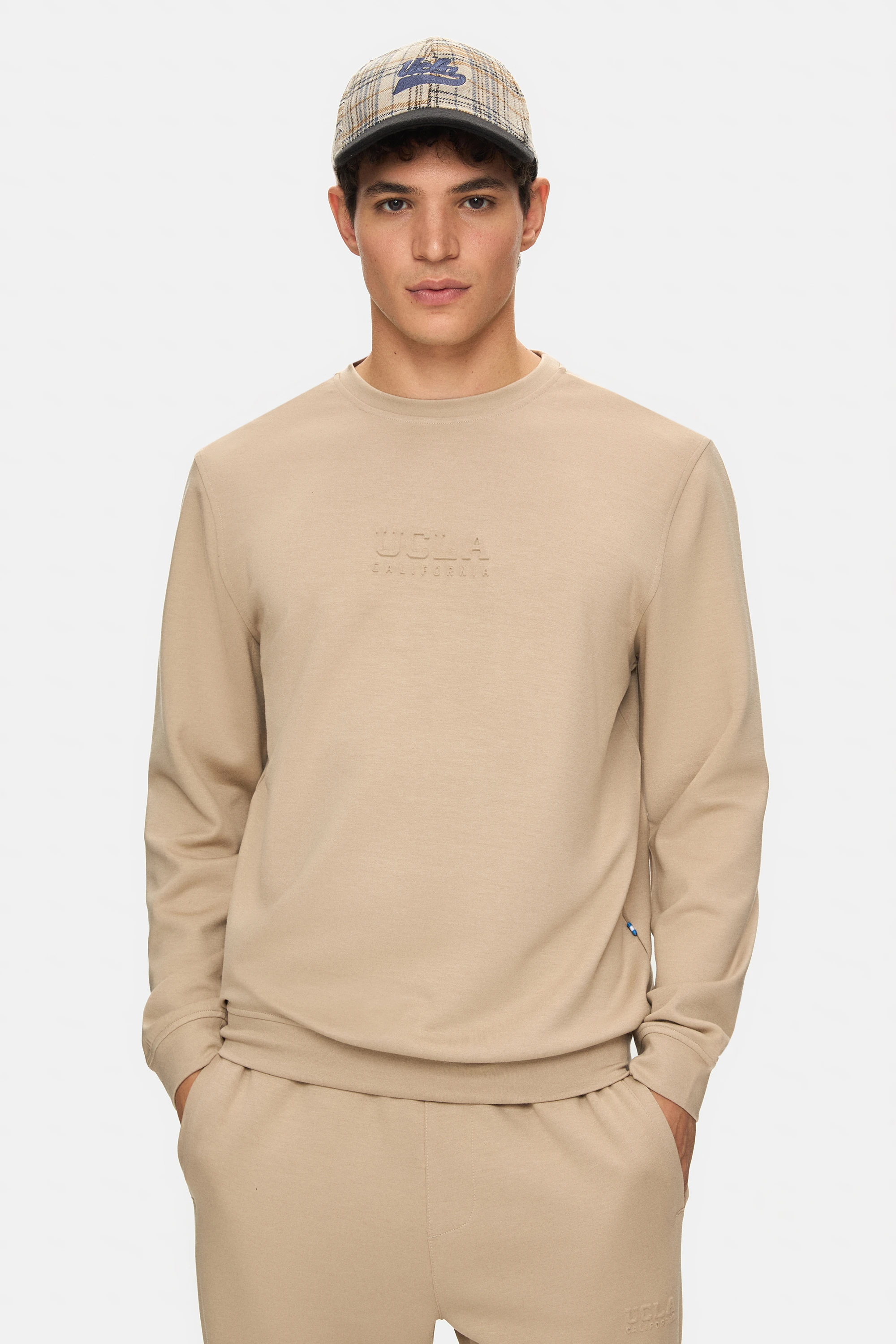 MACHADO Koyu Bej Bisiklet Yaka Gofre Baskılı Modal Kumaş Standard Fit Erkek Sweatshirt