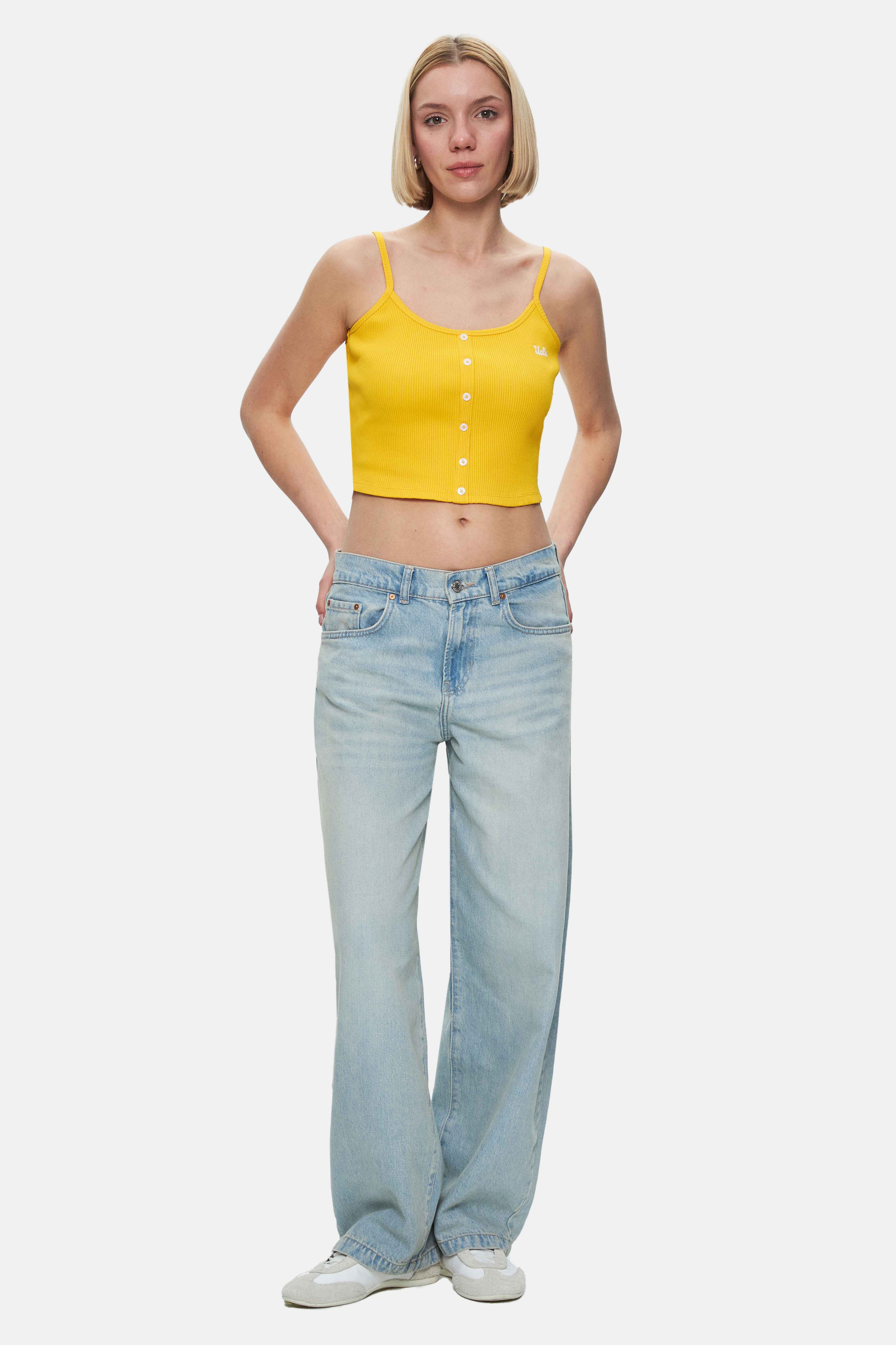 RHODES Sarı Askılı Nakışlı Standard Fit Kadın Crop
