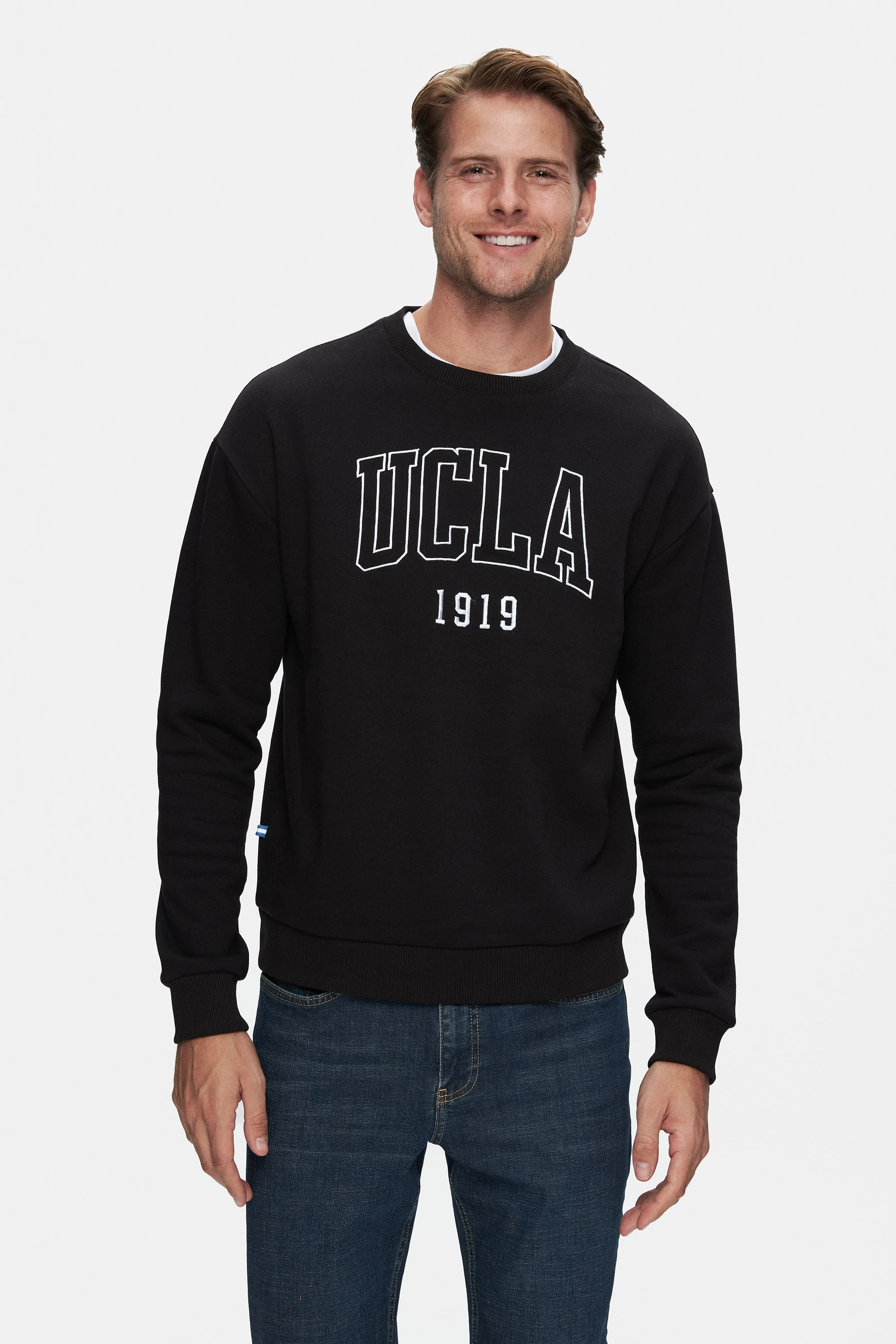 SANDHILL Siyah Bisiklet Yaka Nakışlı Şardonlu Loose Fit Erkek Sweatshirt