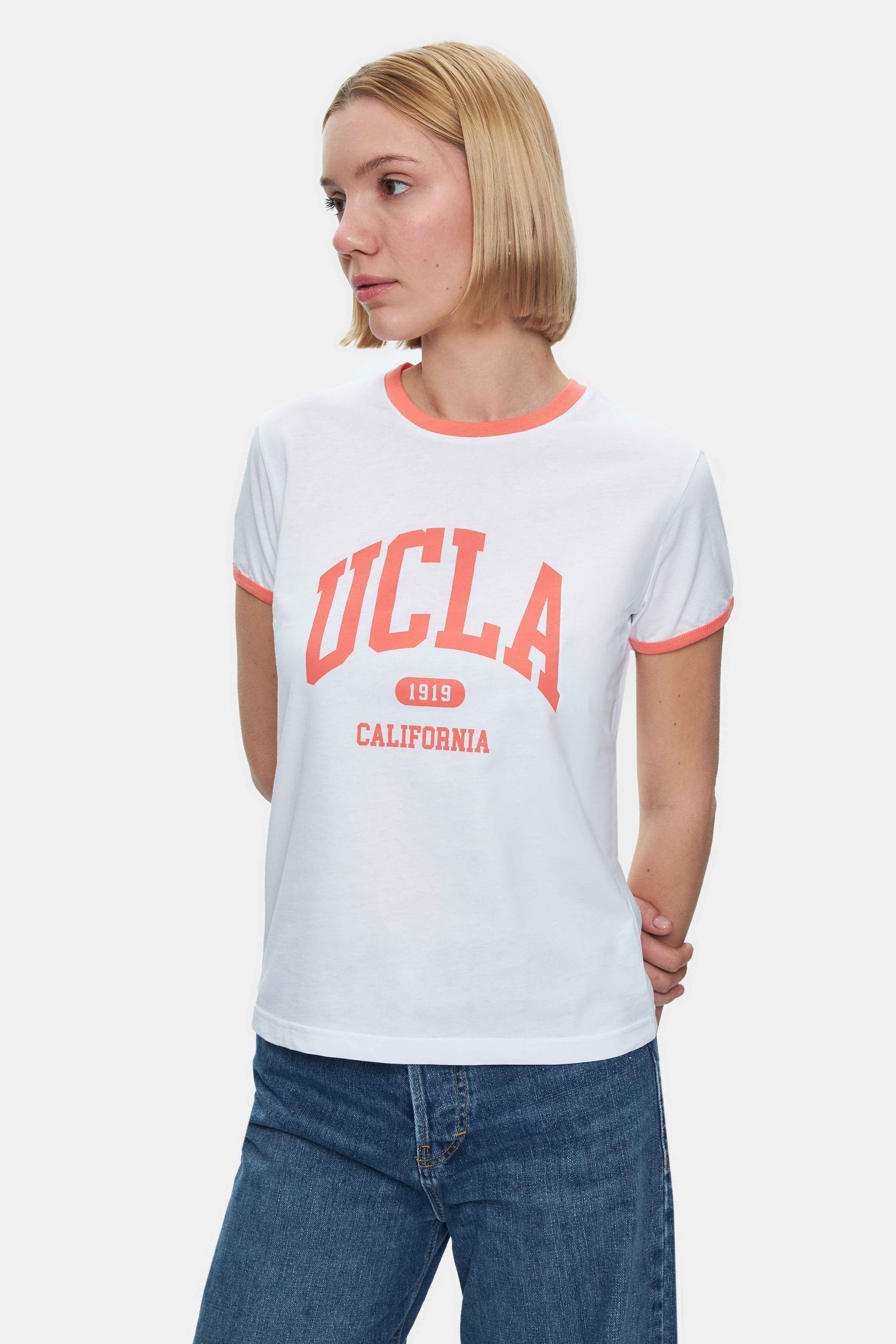 SAVANNAH Beyaz Bisiklet Yaka Baskılı Standard Fit Kadın Tshirt