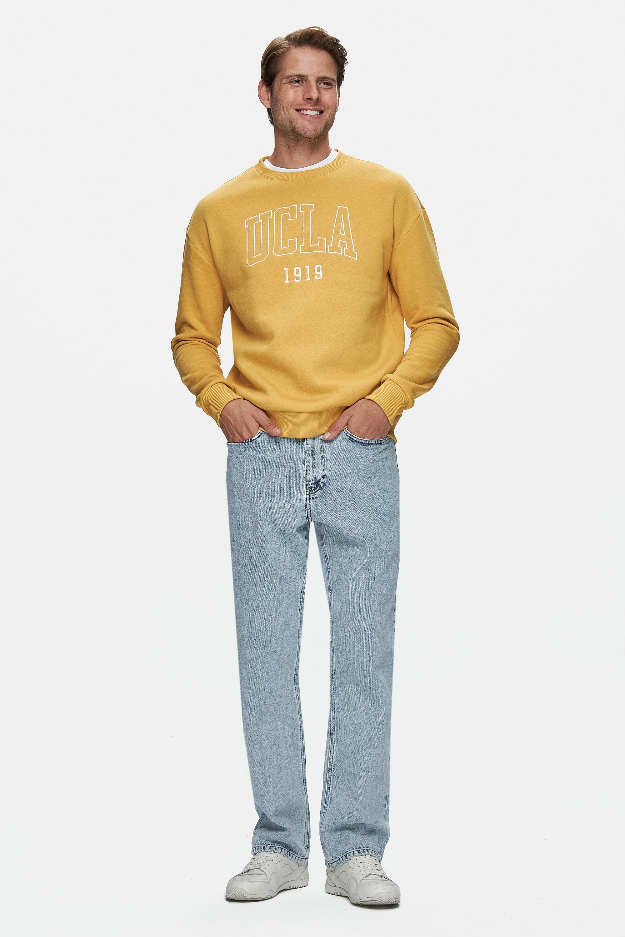 SANDHILL Sarı Bisiklet Yaka Nakışlı Şardonlu Loose Fit Erkek Sweatshirt