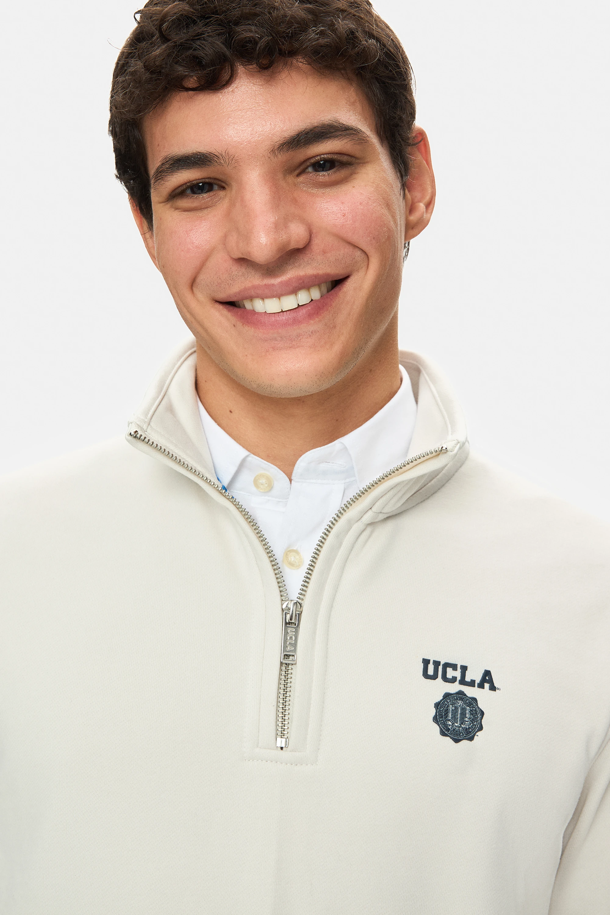 LEON Bej Yarım Fermuar Baskılı Dik Yaka Standard Fit Erkek Sweatshirt