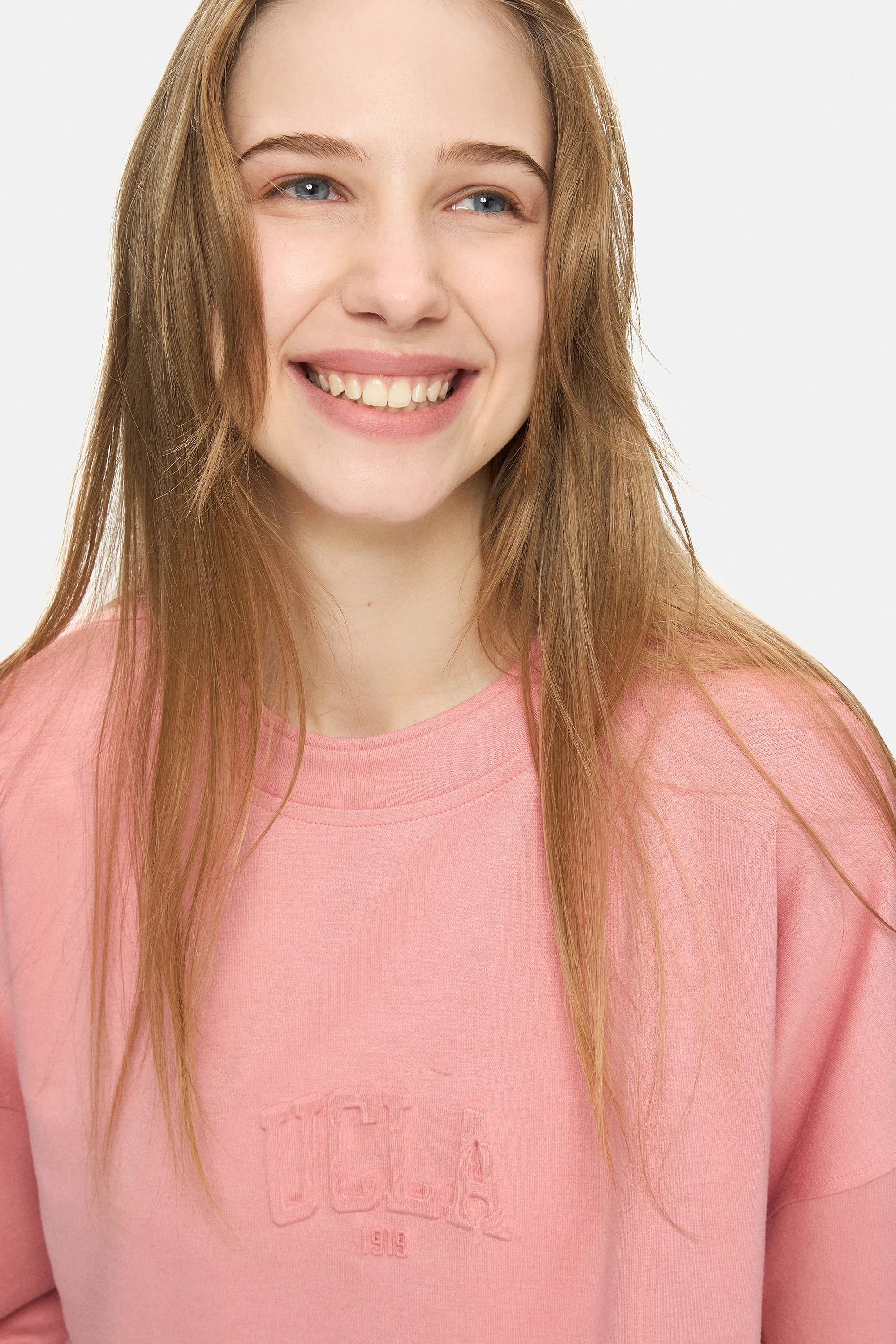 ELOWEN Pembe Bisiklet Yaka Gofre Baskılı Modal Kumaş Loose Fit Kadın Sweatshirt