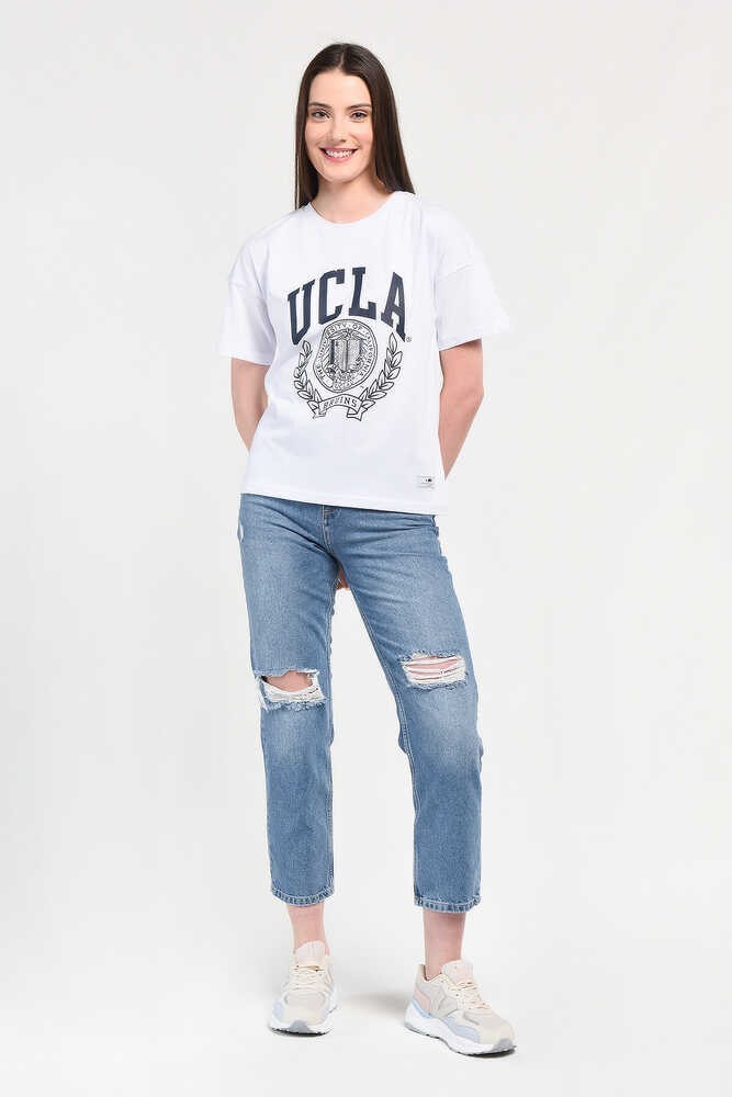 AVALON Beyaz Bisiklet Yaka Baskılı Oversize Kadın Tshirt