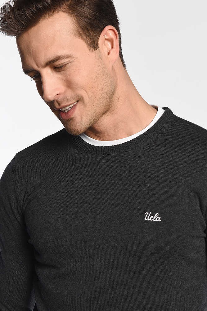 MENTO Koyu Gri Bisiklet Yaka Nakışlı Slim Fit Erkek Triko