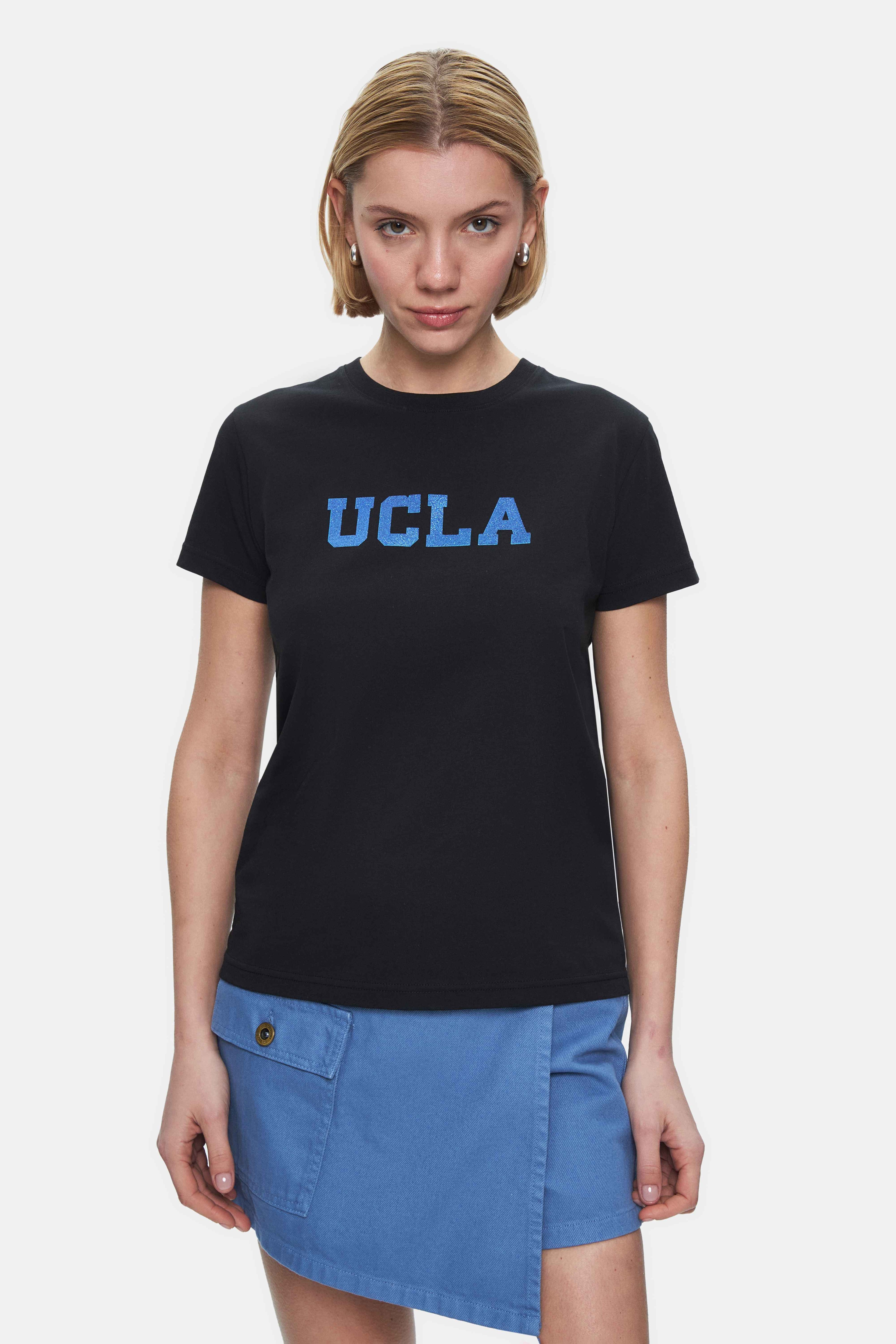 ISOLDE Siyah Bisiklet Yaka Baskılı Standard Fit Kadın Tshirt