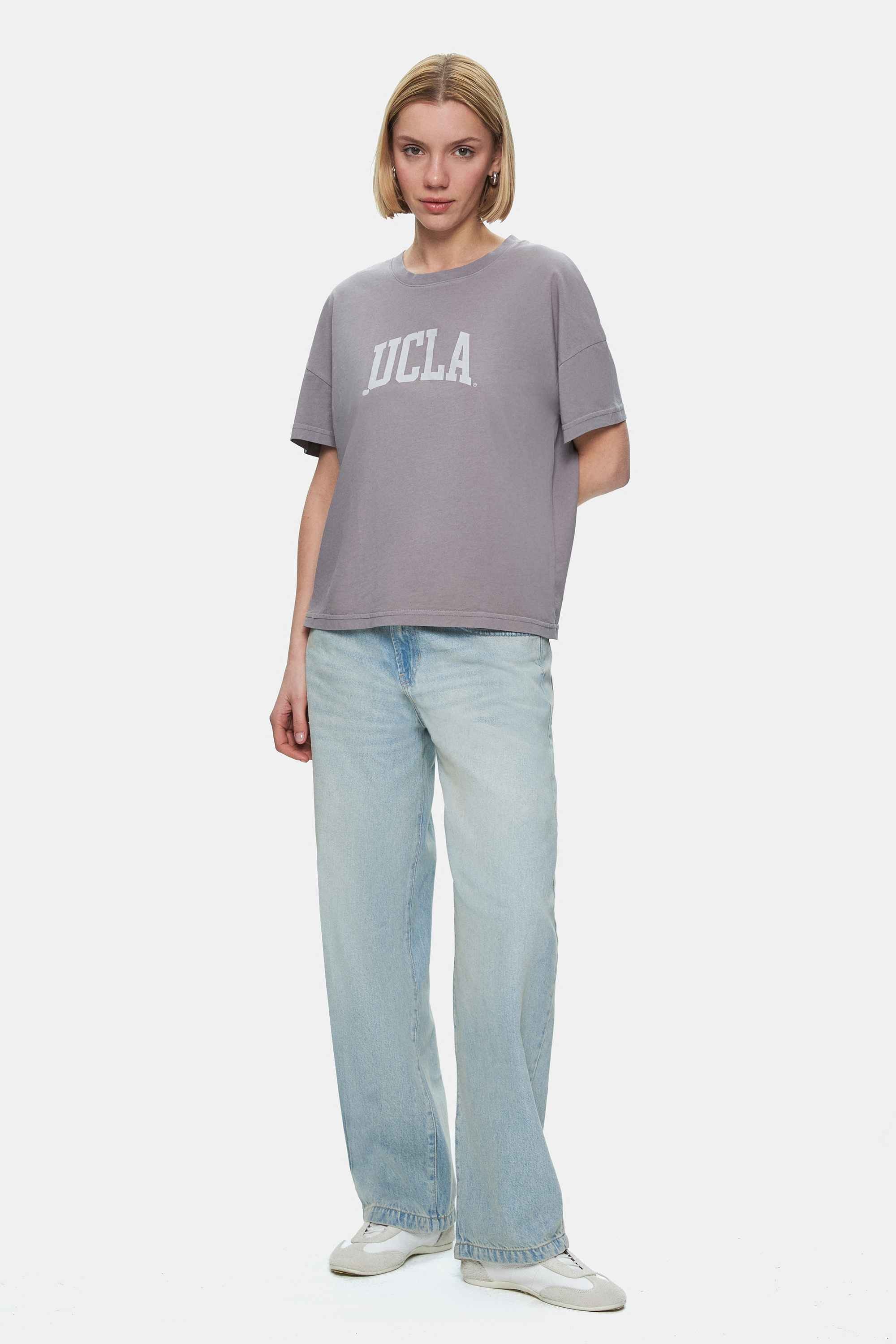EVERLEE Koyu Gri Bisiklet Yaka Taş Yıkama Baskılı Loose Fit Kadın Tshirt