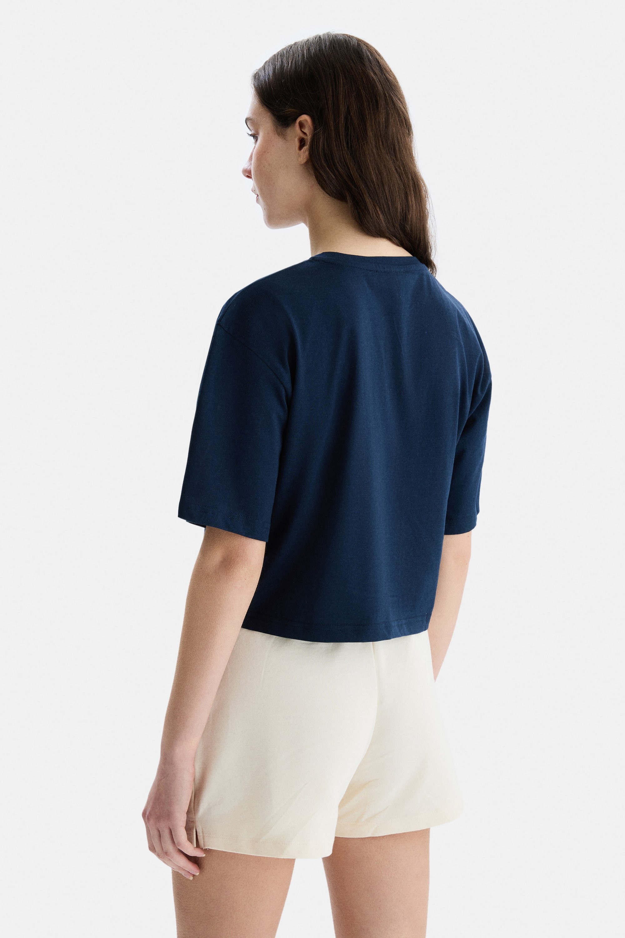 HELENA Lacivert Bisiklet Yaka Crop Nakışlı Oversize Kadın Tshirt