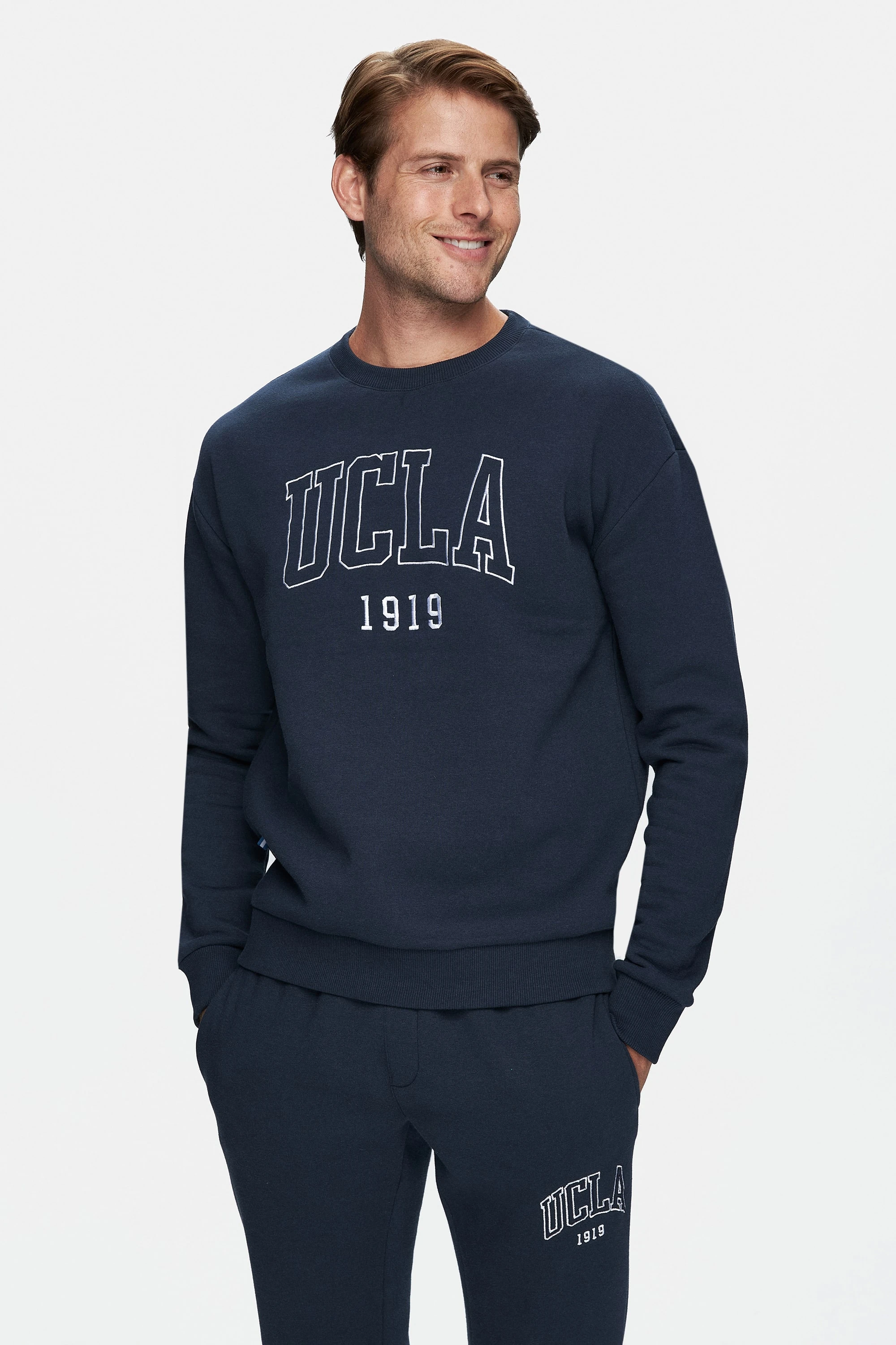 SANDHILL Lacivert Bisiklet Yaka Nakışlı Şardonlu Loose Fit Erkek Sweatshirt