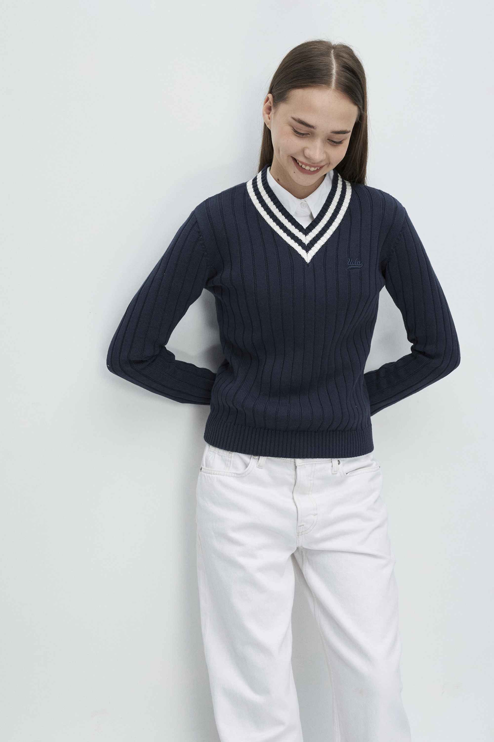 PINELLAS Lacivert V Yaka Jakarlı Standard Fit Kadın Triko