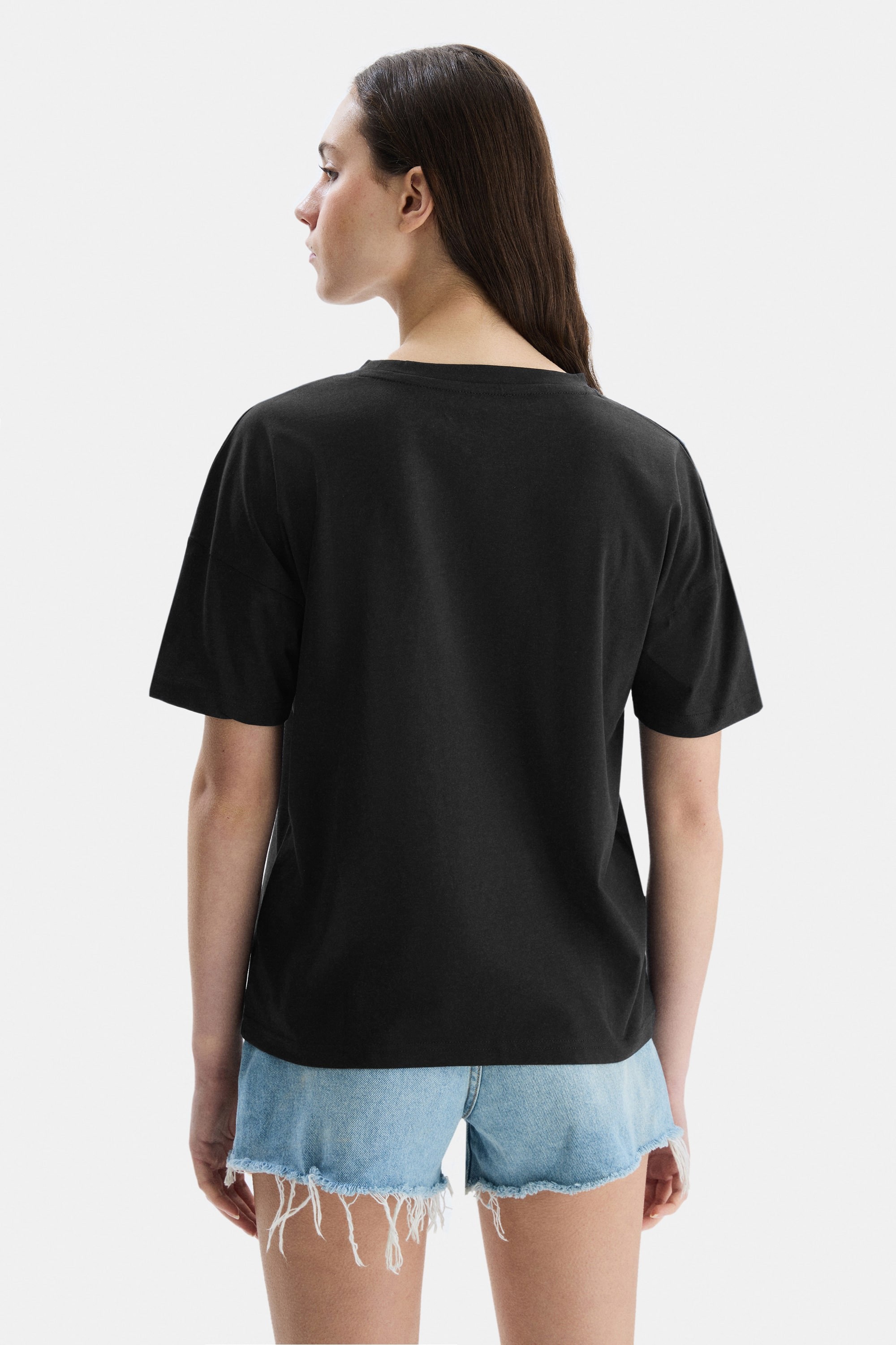 AVALON Siyah Bisiklet Yaka Baskılı Oversize Kadın Tshirt